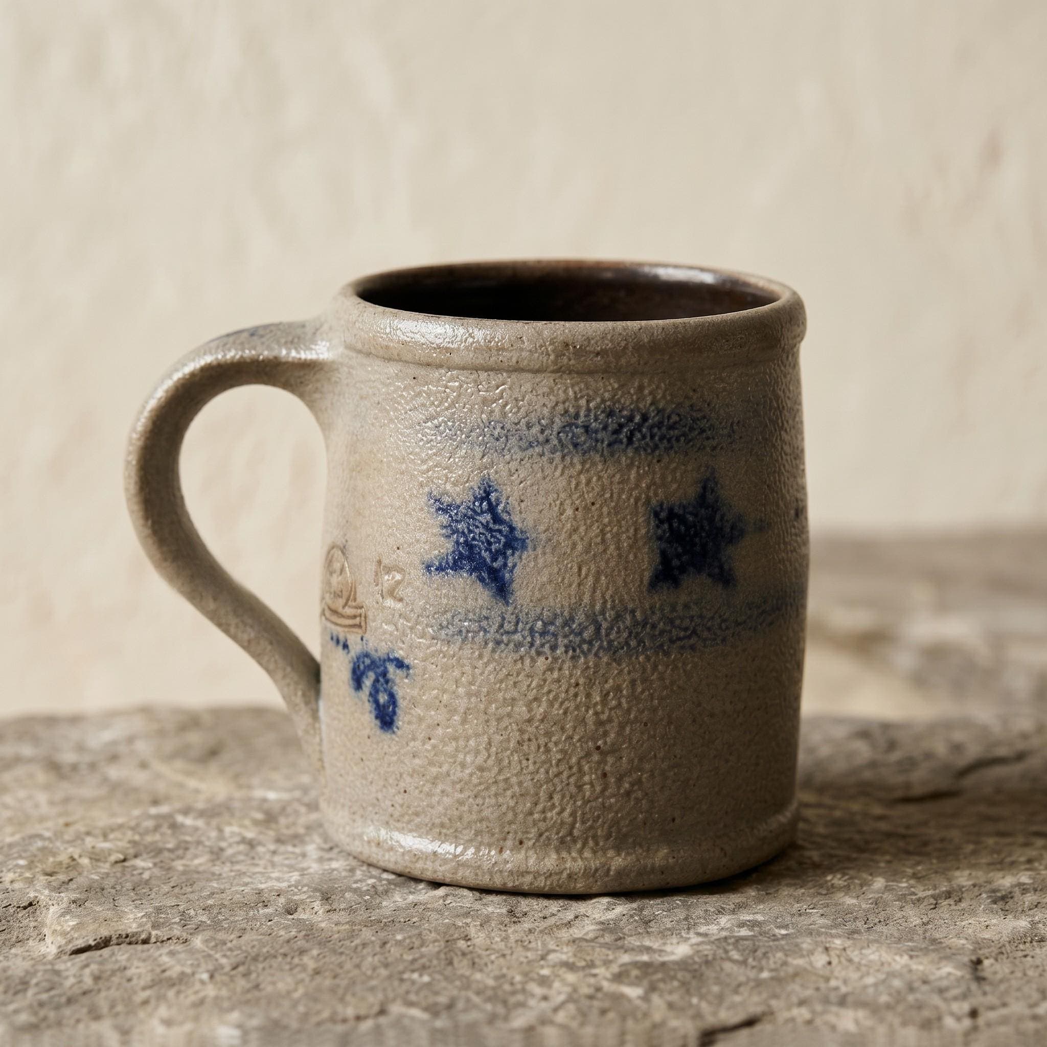 Vintage Rowe Pottery Works Salt Glazed Stoneware Mug Cobalt Blue Stars American Primitive 1994