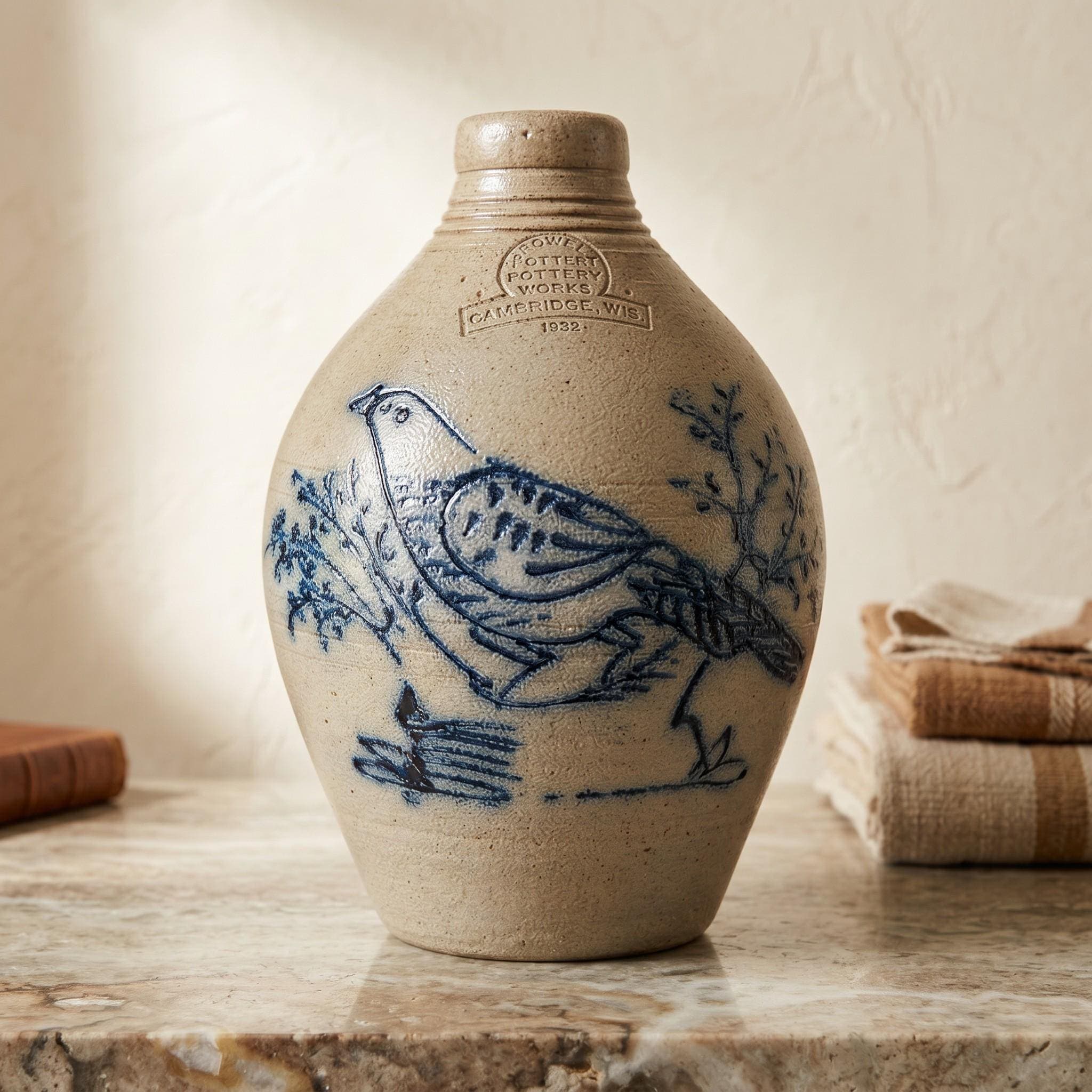 Rowe Pottery Works Salt Glaze Stoneware Jug: Cobalt Blue Bird Vase