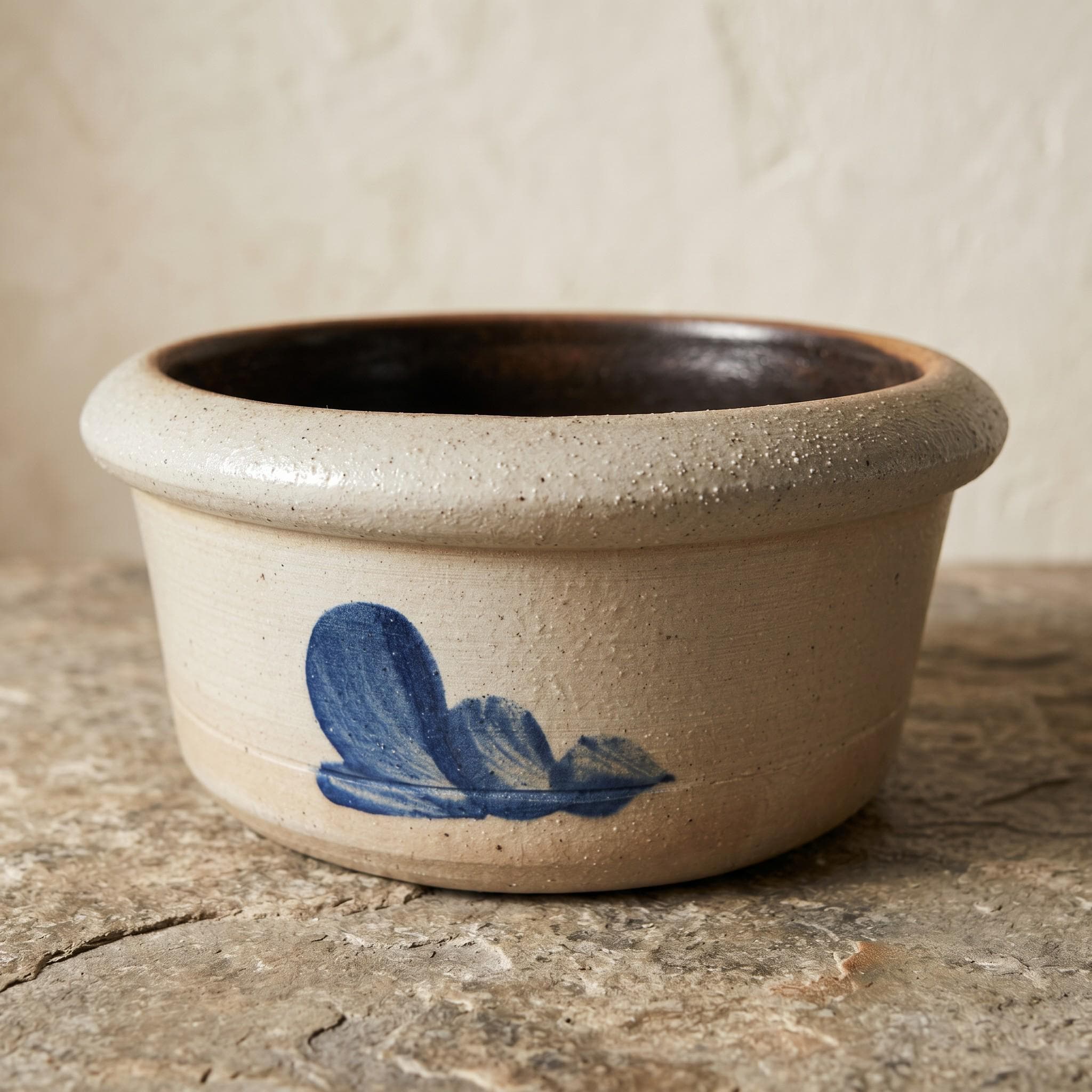 Vintage Rowe Pottery Works Salt Glazed Stoneware Bowl Cobalt Blue Motif American Primitive 1989