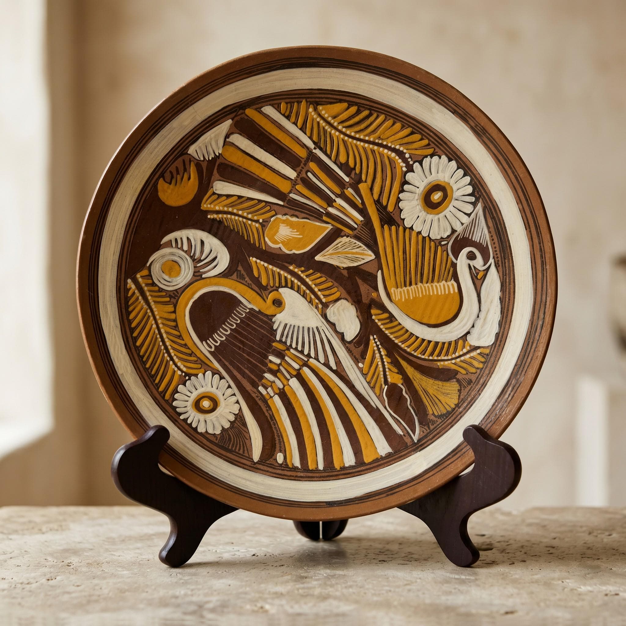 Vintage Mexican Folk Art Clay Decorative Plate Birds Handmade Hacienda Wall Decor 1960
