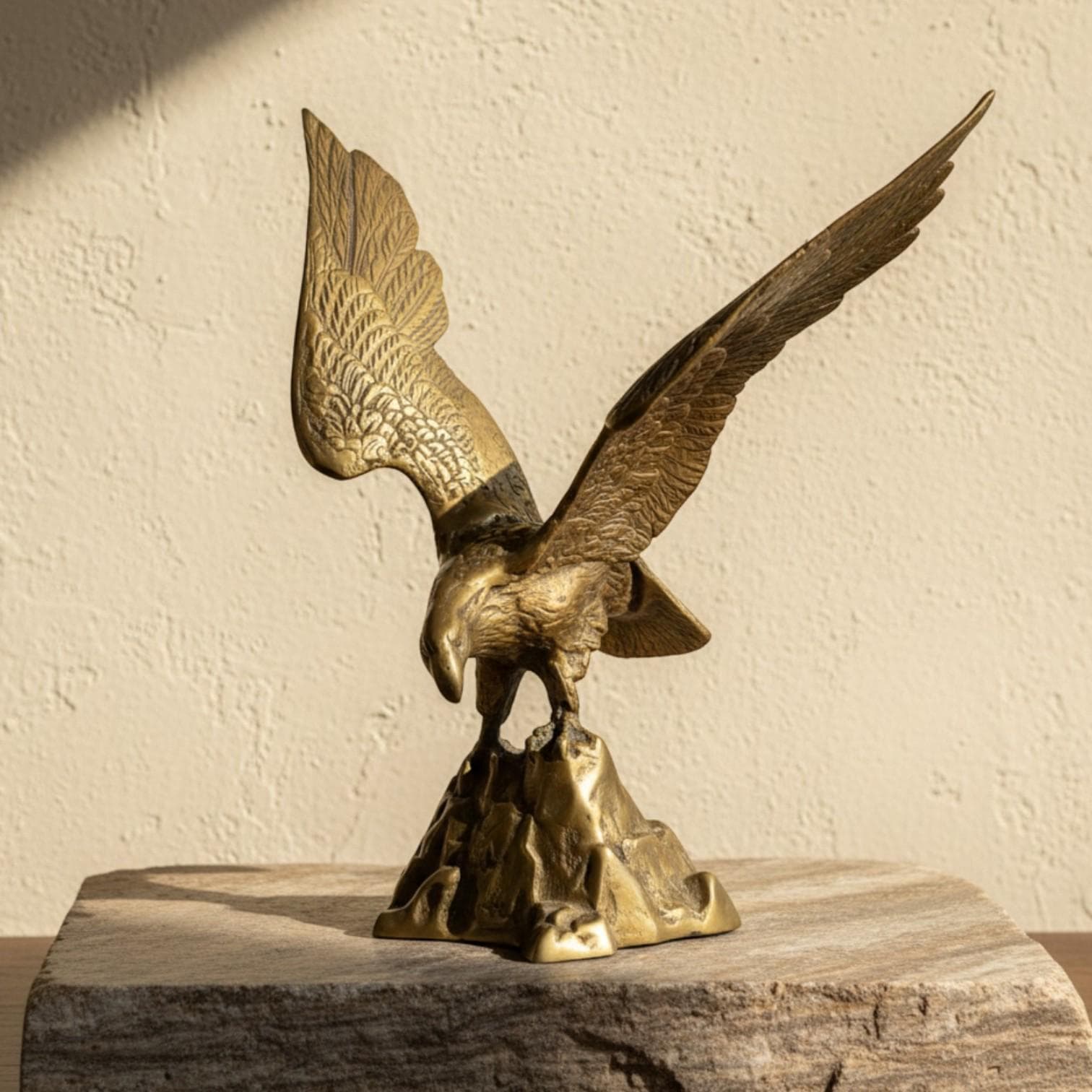 Vintage Brass Eagle Sculpture Perched on Rock Large Mid Century Wildlife Figurine Decor
