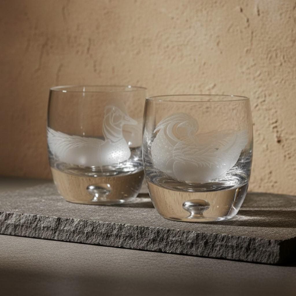 Perry Coyle Signed Etched Duck Whiskey Glasses Set: Heavy Bottom Tumblers