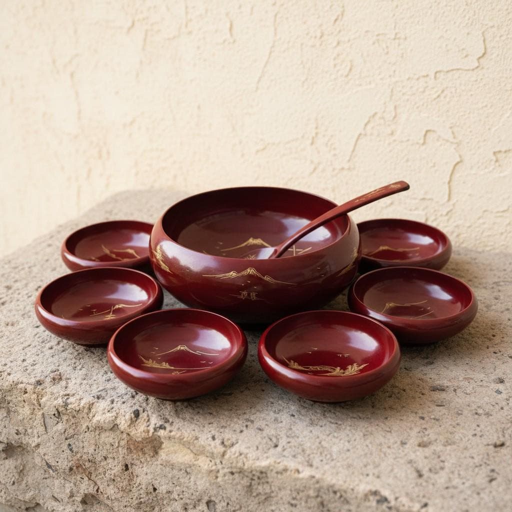 Vintage Japanese Red Lacquerware Salad Bowl Set Mt Fuji Gold Hand Painted 8 Pieces