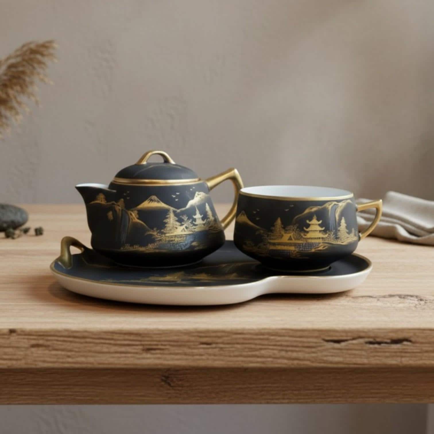 Vintage Kutani Tea Set – Matte Black 24k Gold Hand Painted Japanese Teapot Cup Tray