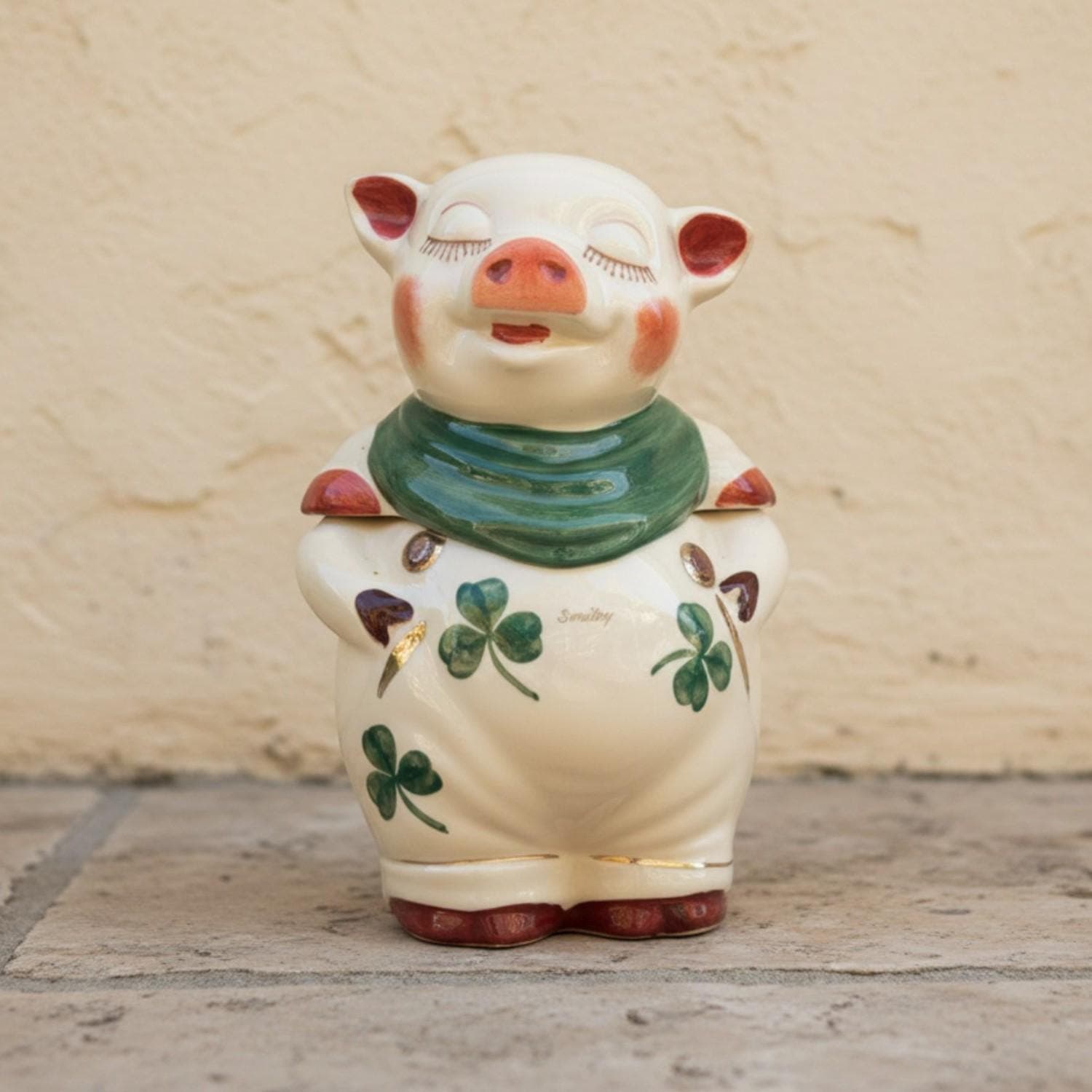 Vintage Shawnee Smiley Pig Cookie Jar Shamrock Clover Pattern Irish Kitchen Decor | Repaired