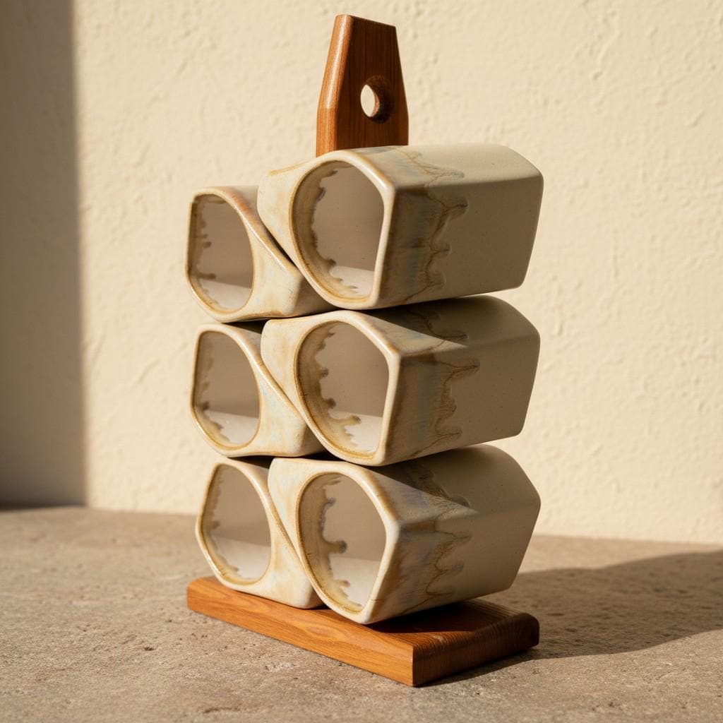 Vintage Rodolfo Padilla Signed Stacking 6 Mug Set Ceramic Stoneware and Wood Stand