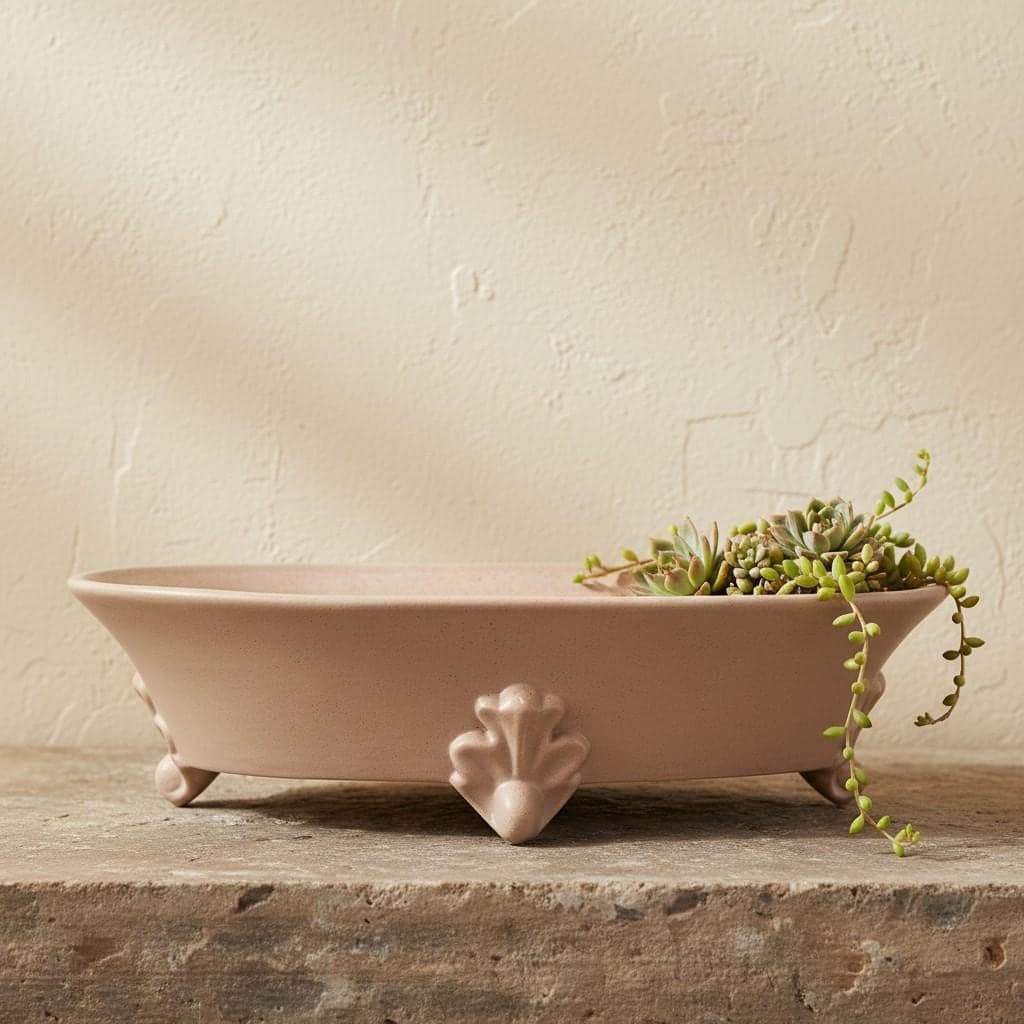 Vintage Royal Haeger Footed Bowl Pink Pottery Embossed Console Bowl Mid Century Decor