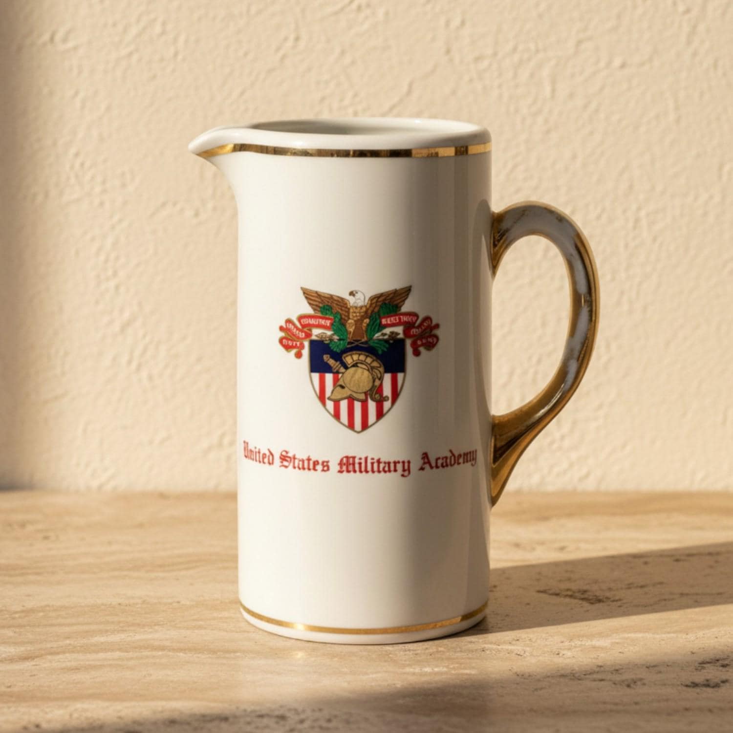 West Point Ceramic Pitcher, USMA Crest, Gold Trim Patriotic Decor
