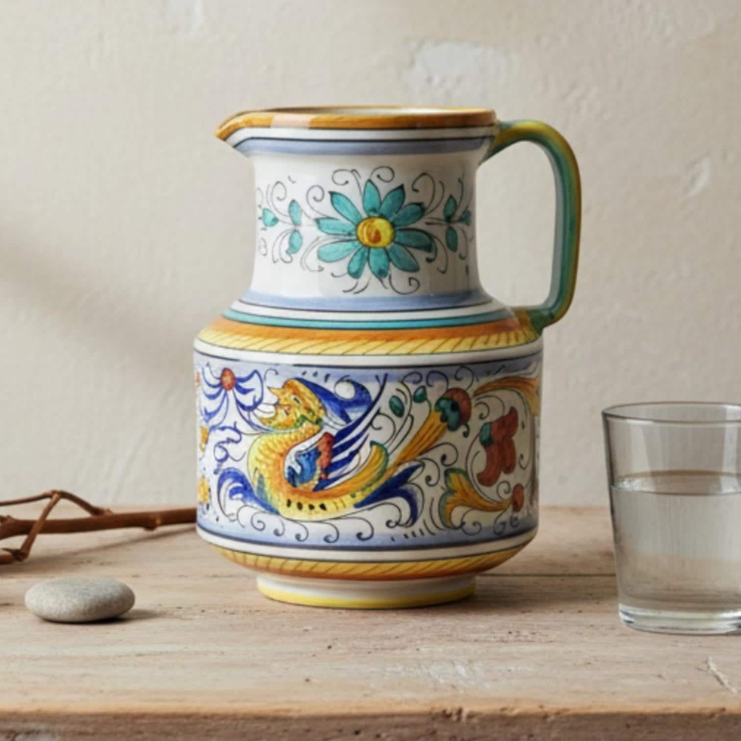 Vintage Italian Deruta Majolica Pitcher: Hand-Painted Raffaellesco Dragon Ceramic Jug