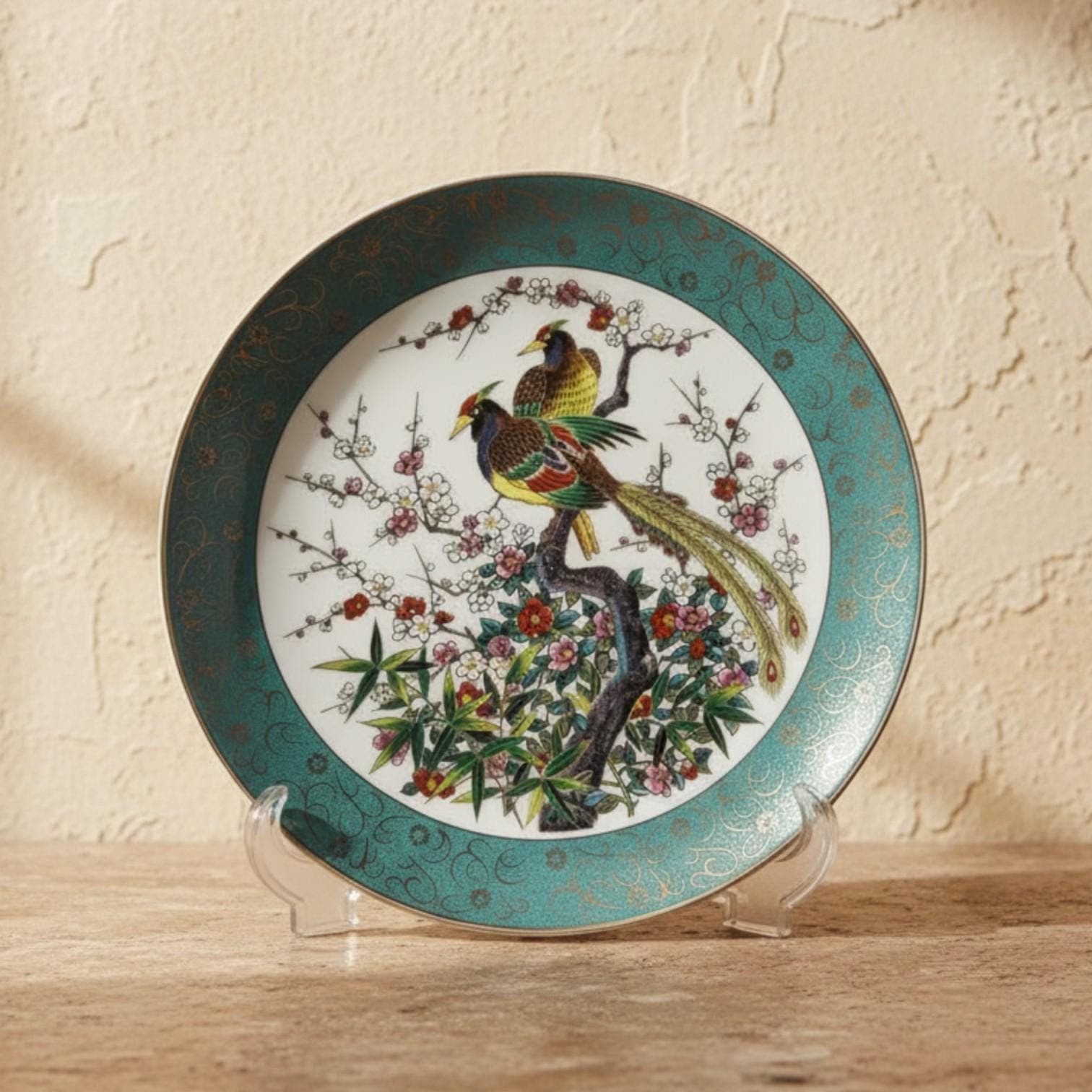 Vintage Japanese Porcelain Plate – Birds & Cherry Blossoms, Gold Trim