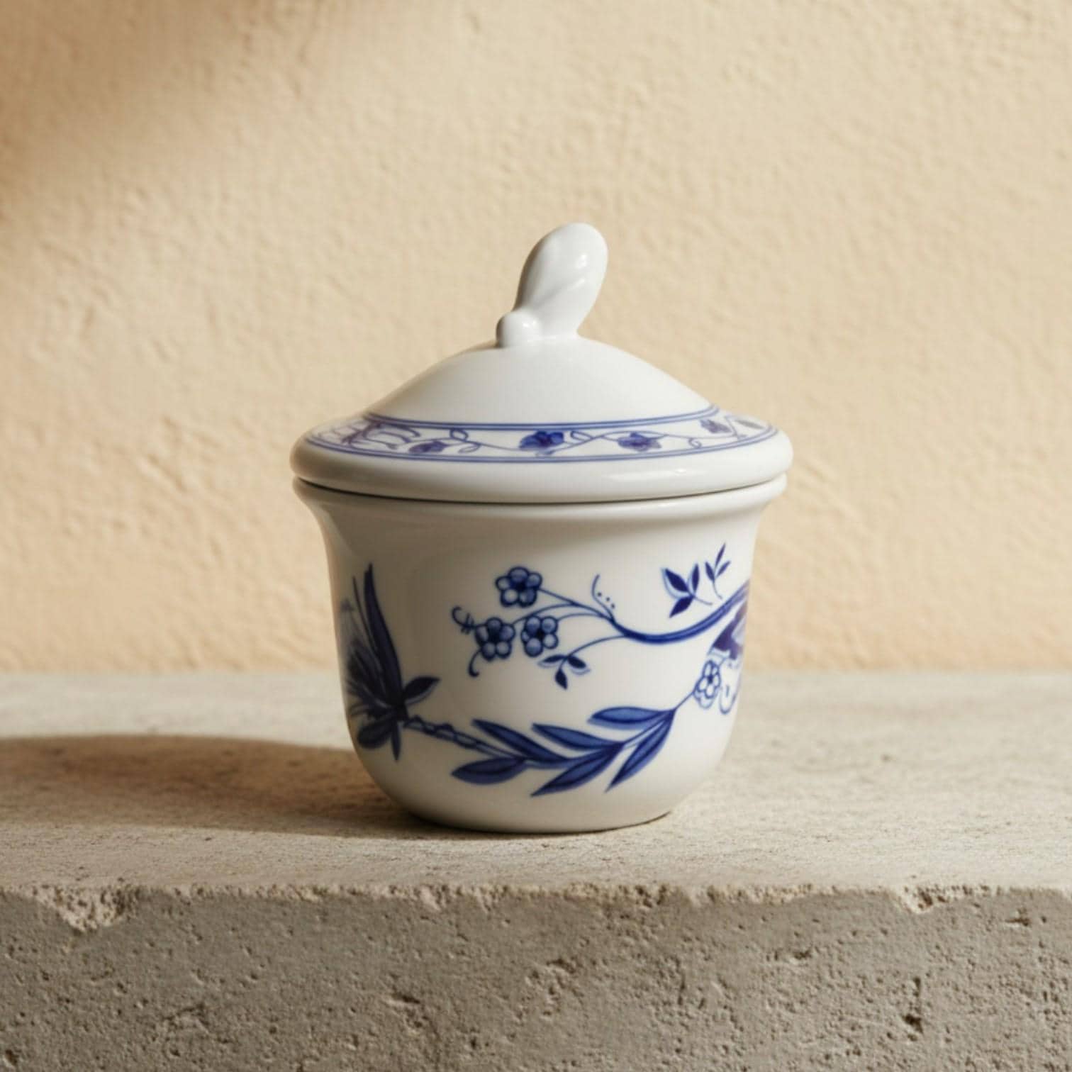 Vintage Blue Onion Sugar Bowl: Wellco Krefeld German Porcelain Lidded Dish