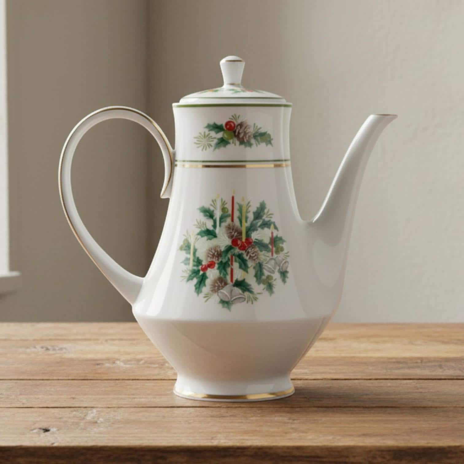 Noritake Holly 2228 Coffee Tea Pot with Lid | White Porcelain Holiday Holly Berries Gold Trim | Festive Tableware