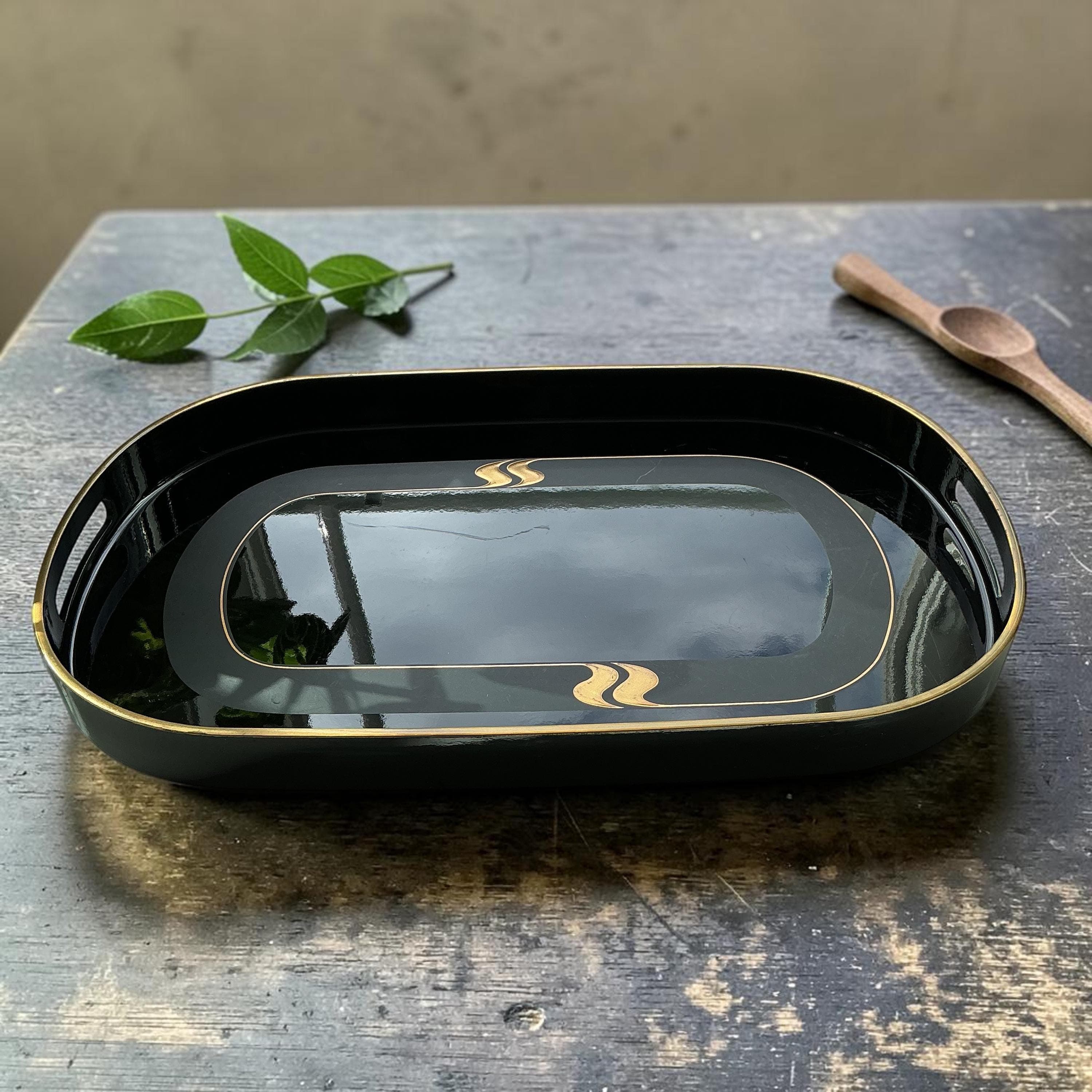 Vintage Toyo Japan Lacquer Serving Tray: Black Gold Mid Century Modern Bar Tray