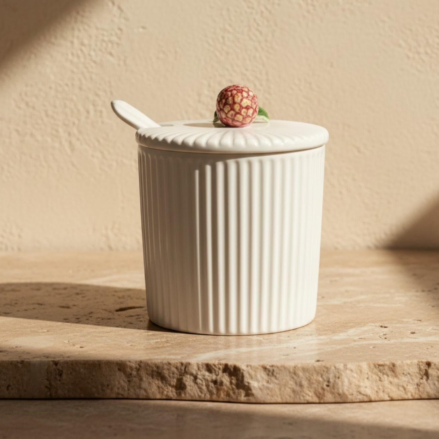 Vintage Italian Strawberry Jam Jar, Ribbed Ceramic Sugar Bowl with Spoon