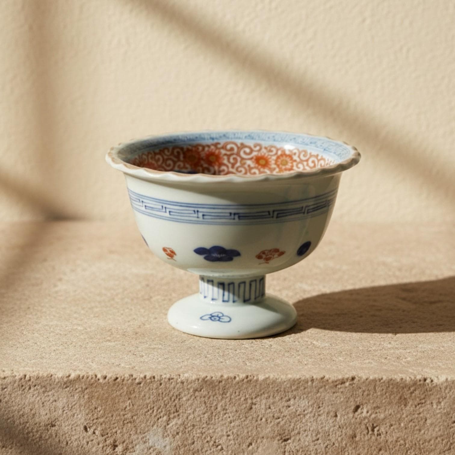 Vintage Imari Sake Bowl | Japanese Red Floral Pedestal Bowl