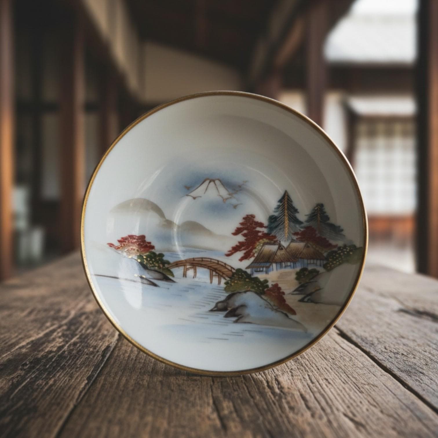 Vintage Japanese Porcelain Plate – Mt. Fuji Landscape, Gold Rim (5.5 inch)