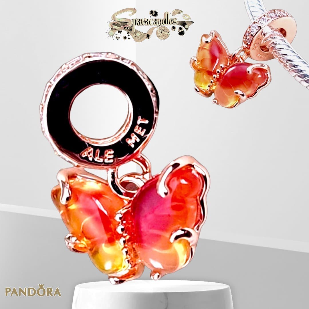 PANDORA Pink & Yellow Murano Glass Butterfly Charm features a slide closure and is made of 14k Rose Gold plated
