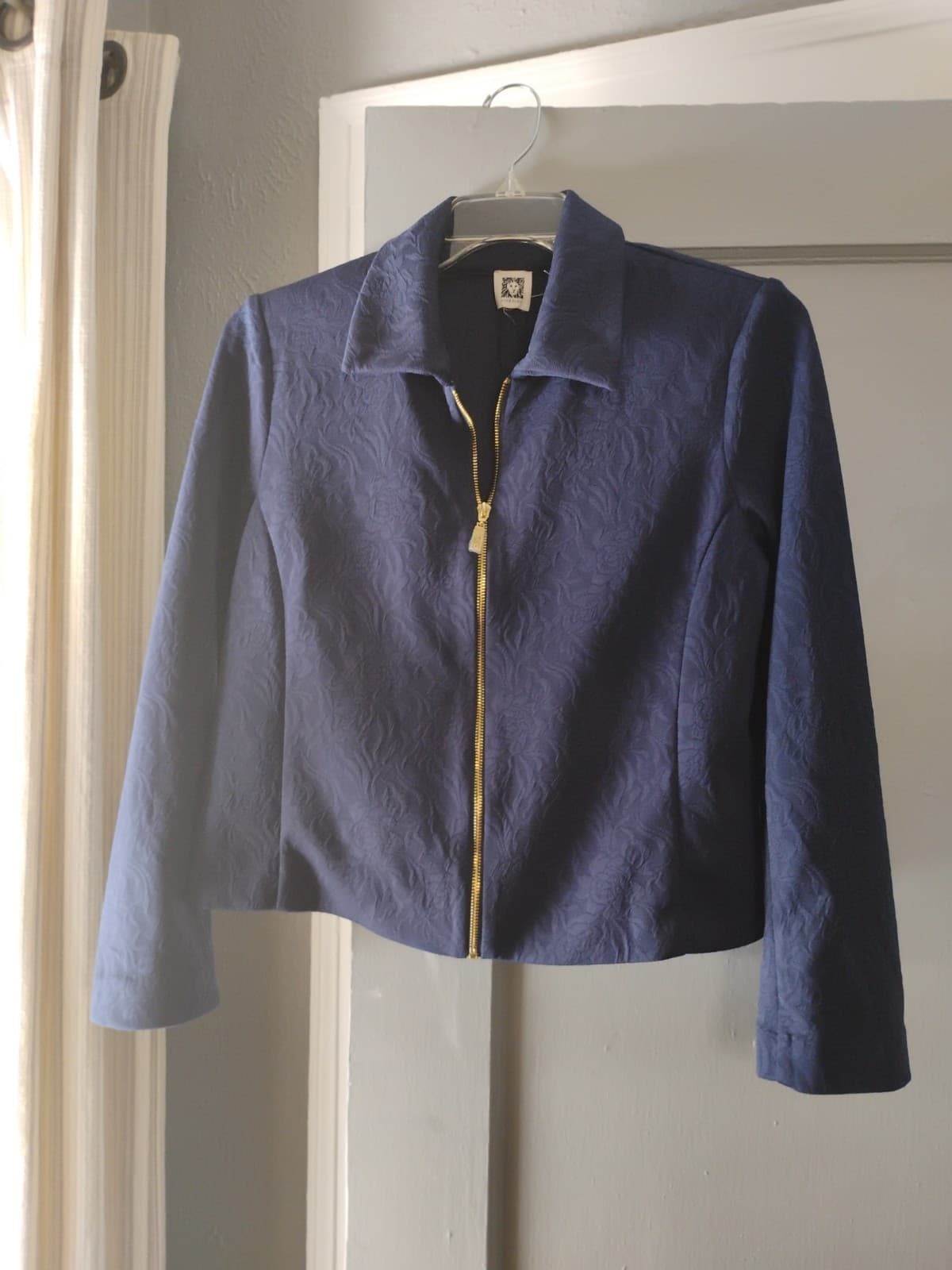 Anne Klein Zip Up Blazer Navy Blue Textured