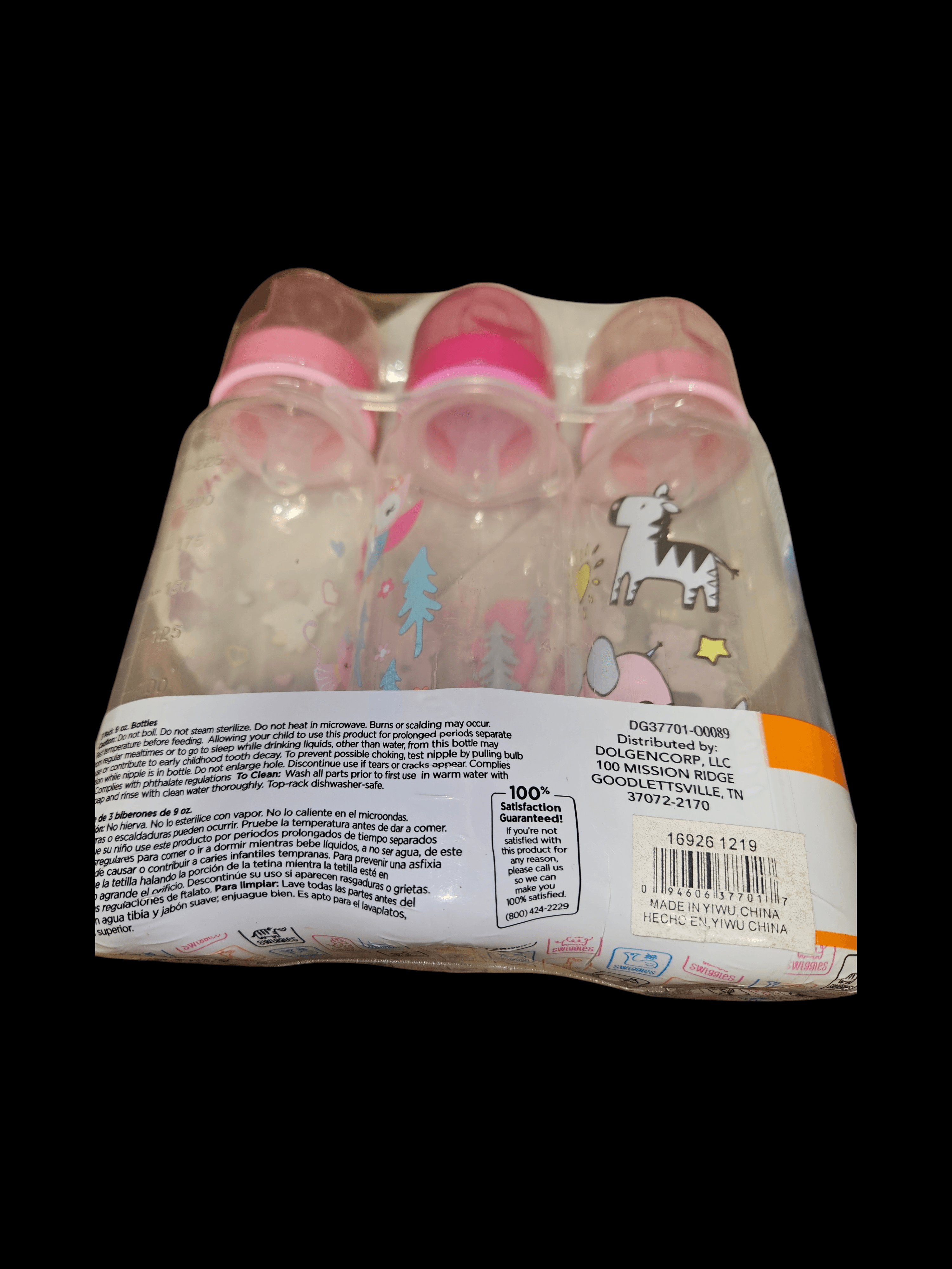 Set of 3 Pink Baby Bottles with Animal Design