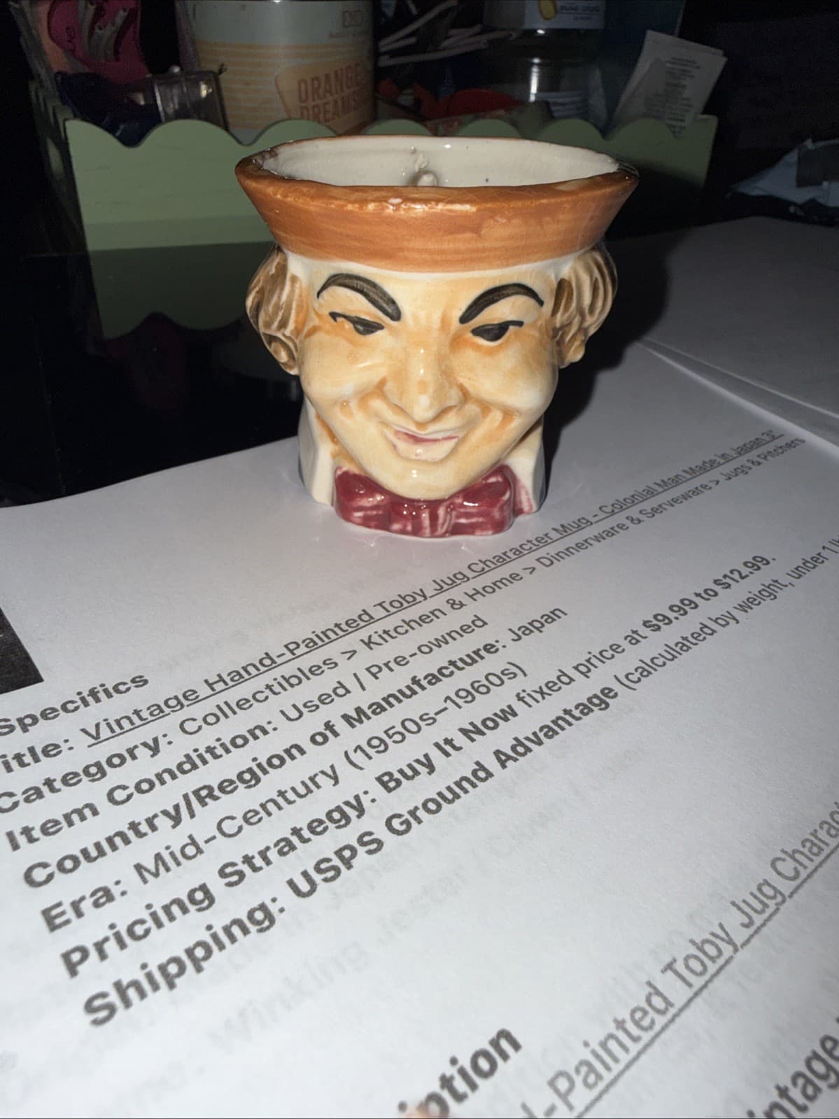 Vintage Toby Jug Colonial Man Character Mug Cup Japan Hand Painted