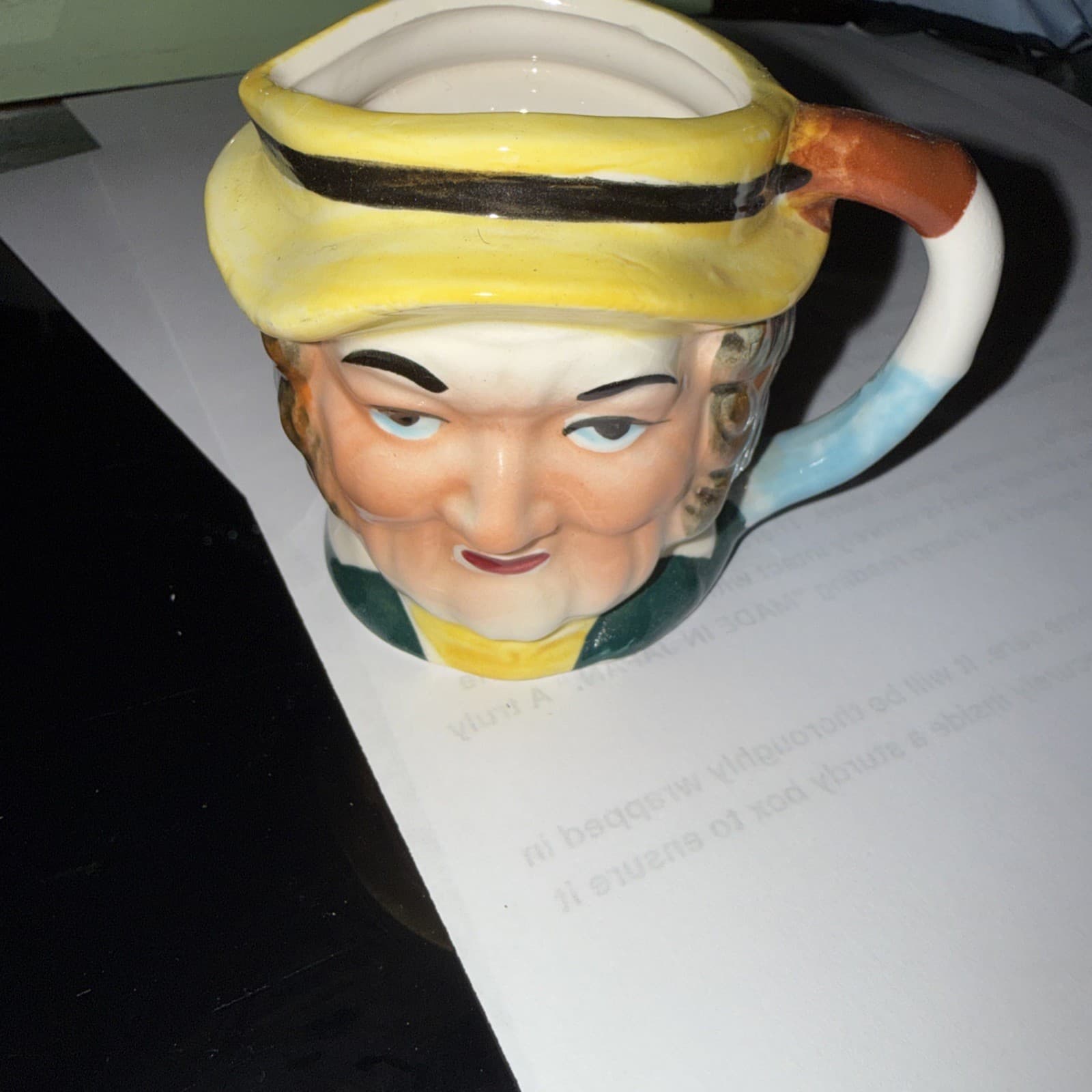 Vintage Japan Sairey Gamp Mini Toby Mug Woman Yellow Hat Foil Label 1950s