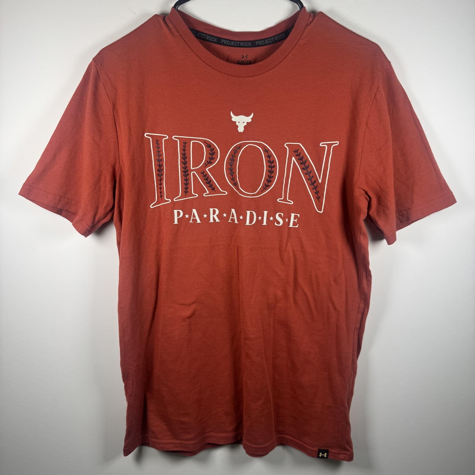 Under Armour Project Rock Iron Paradise Shirt Graphic Tee Orange Mens S