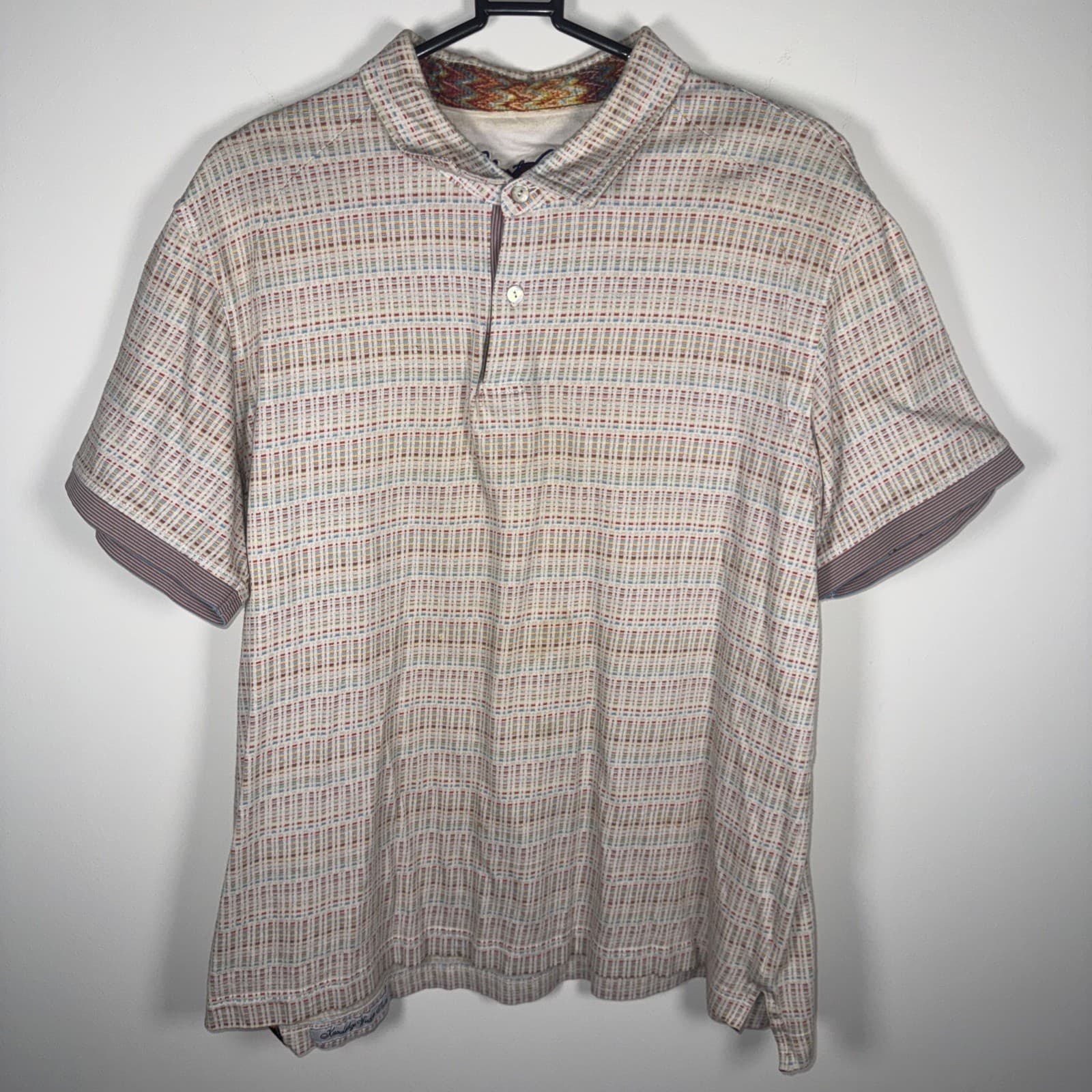 Robert Graham Polo Shirt Woven Short Sleeve Geometric Golf Classic Beige Men L