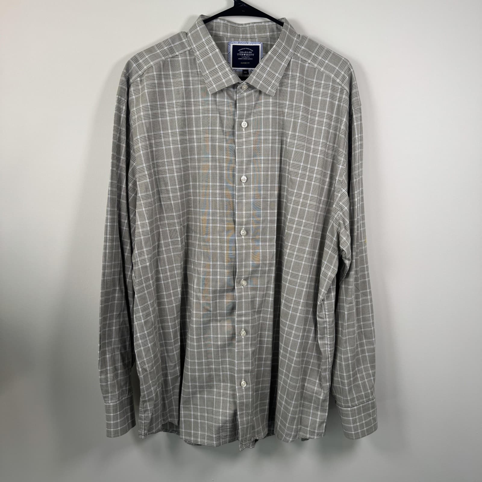 Charles Tyrwhitt Classic Fit Button Down Shirt Plaid Cotton Gray White Men's 2XL
