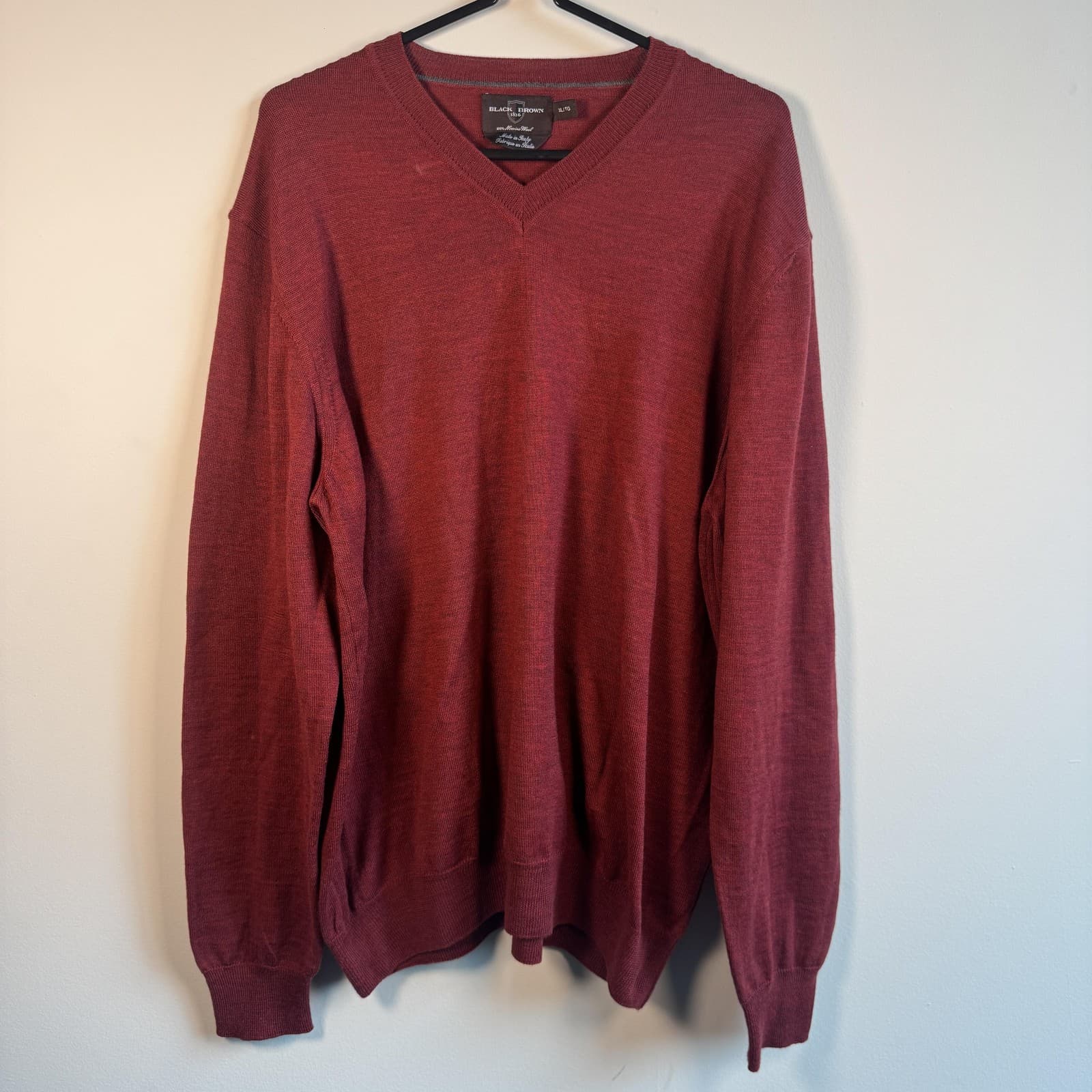 Black Brown 1826 Sweater V Neck Pullover 100% Merino Wool Red Mens XL 123455