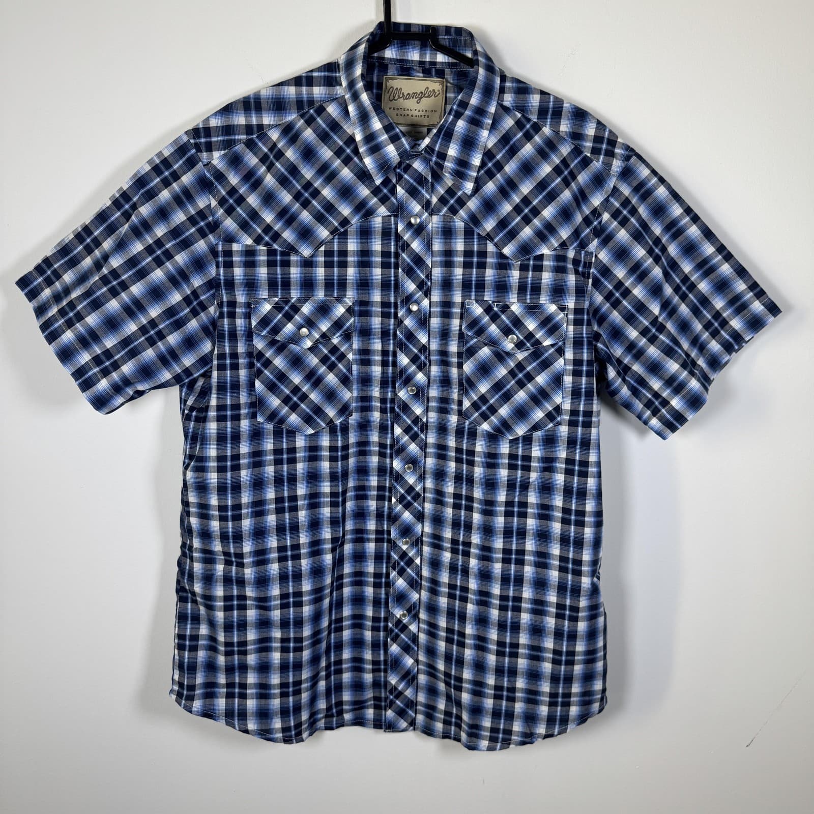 Wrangler Western Fashion Pearl Snap Plaid Shirt 2-Pocket Casual Blue Men's Large