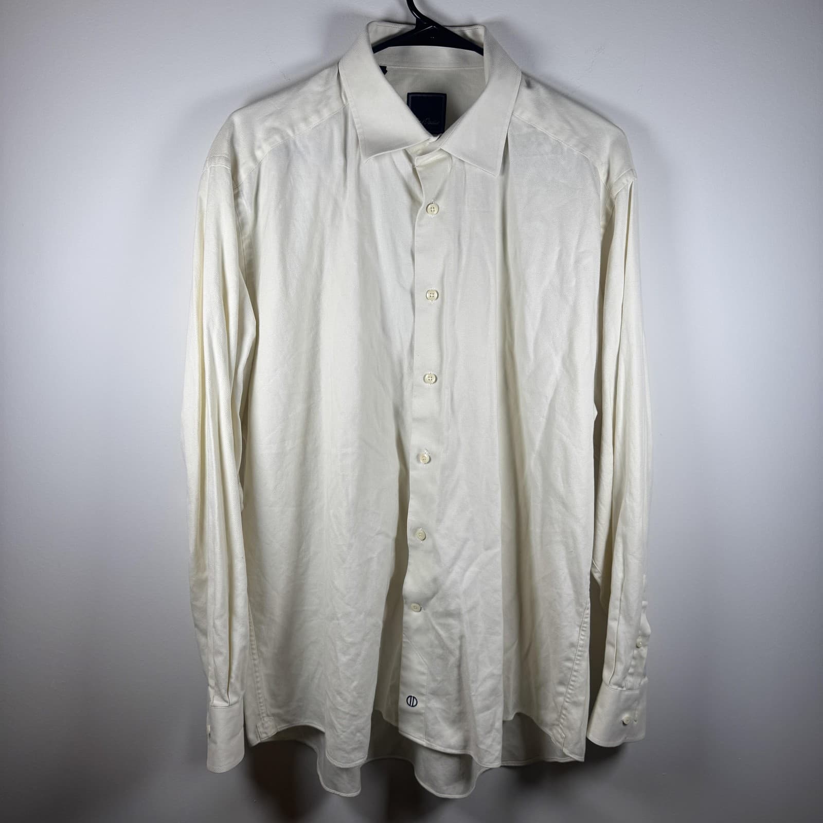 David Donahue Dress Shirt Long Sleeve White Cream Textured Cotton Mens 17 34/35