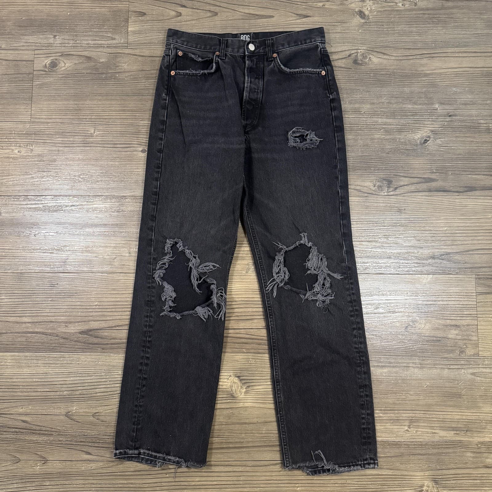 BDG Relaxed Straight Jeans Denim Distressed Frayed Black Charcoal Men's 28x28