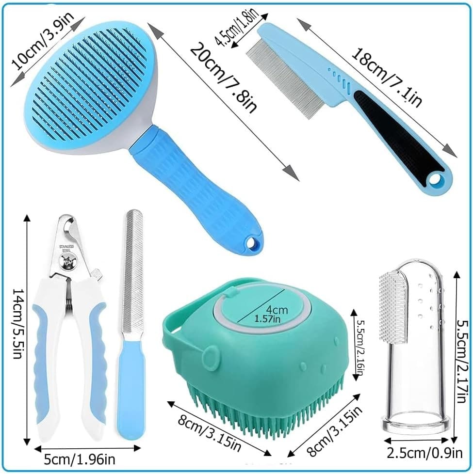 7pcs Pet Grooming Kit, Self-Cleaning Brush Shedding Kit With Nail Clipper, Flea