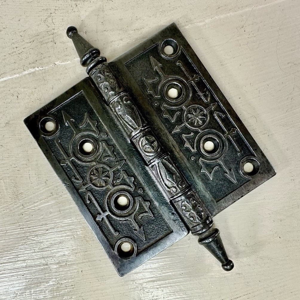 Antique 4.5” x 4.5” Cast Iron Steeple Tip Door Hinge – Ornate Victorian Eastlake