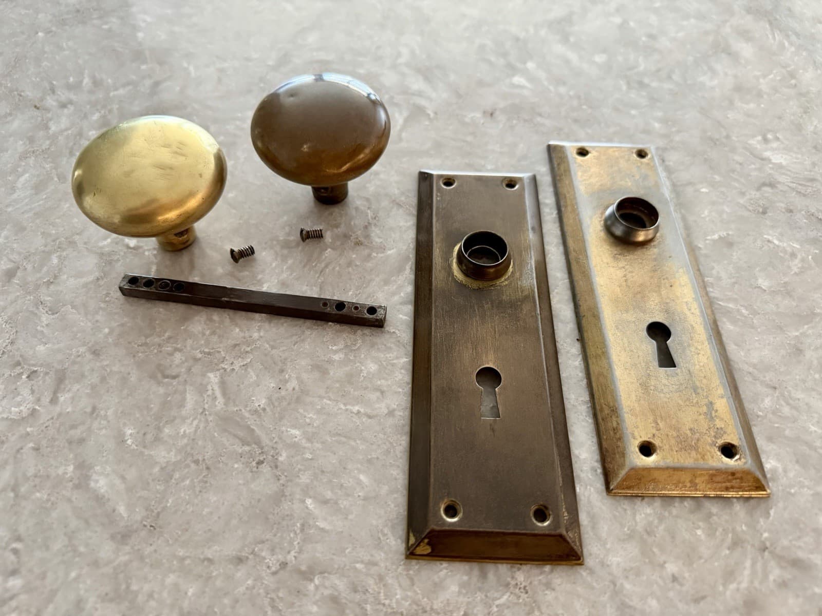 Vintage Brass Door Knob Set , 2 Stamped Steel Back Plates/ Keyhole.
