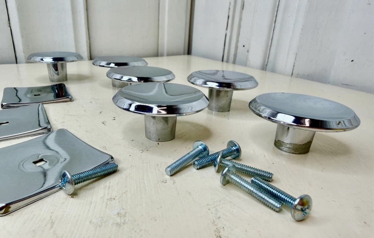Set of 6 modern cabinet knobs Polished chrome over solid brass. MCM