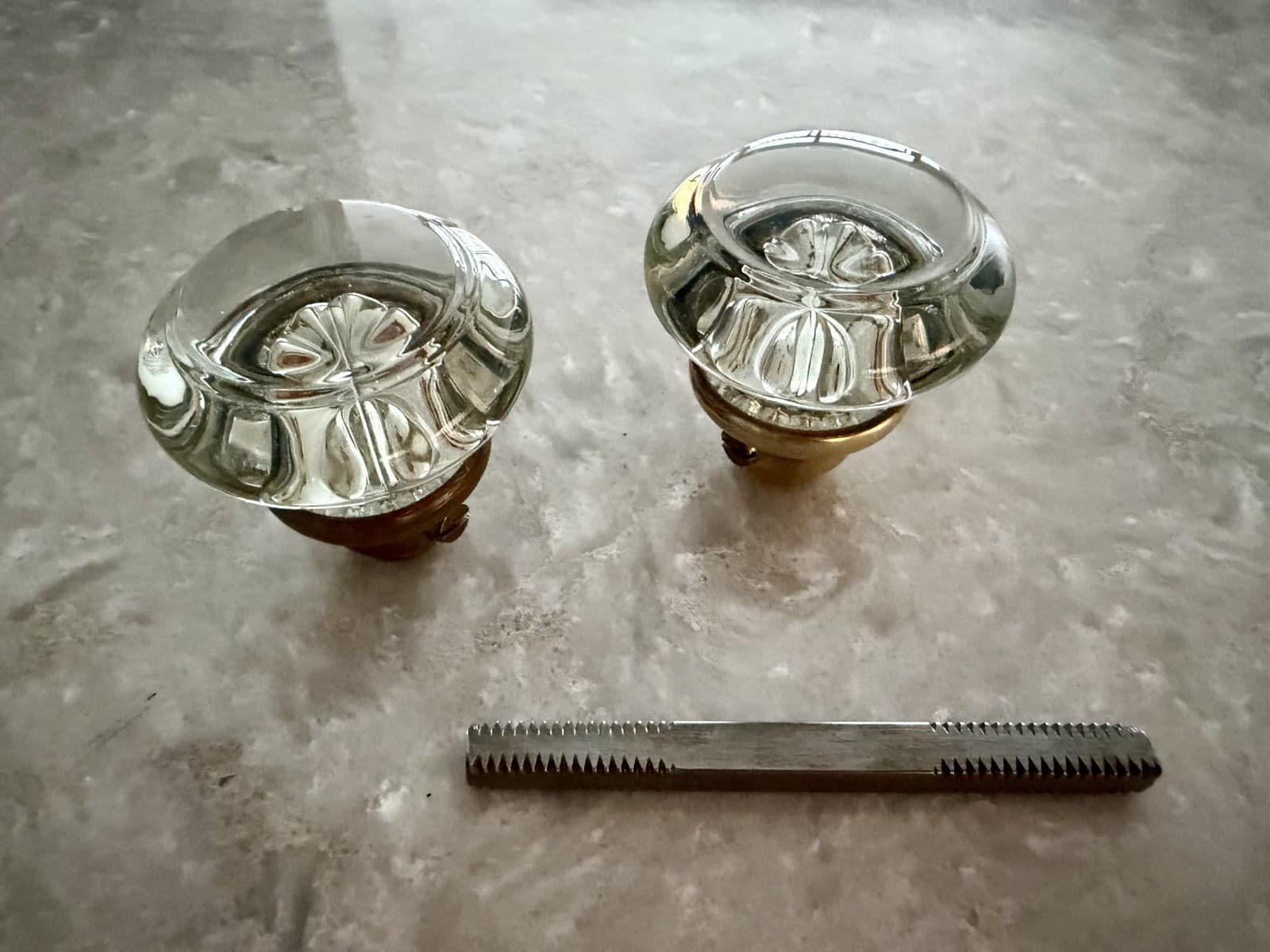 Antique Pressed Glass Door Knob Set Sunburst Pattern Brass Collars & Spindle