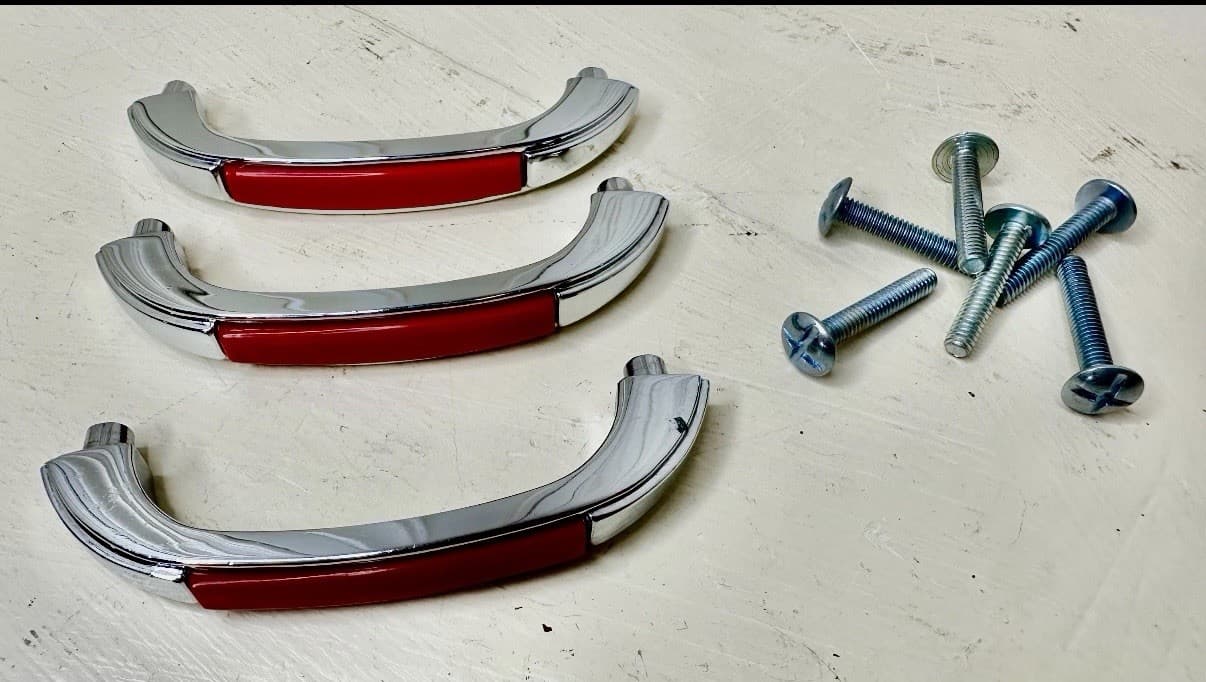Set of 3 Vintage 1950’s Stanley Arch Cabinet Pulls – Chrome w/ Red Inserts