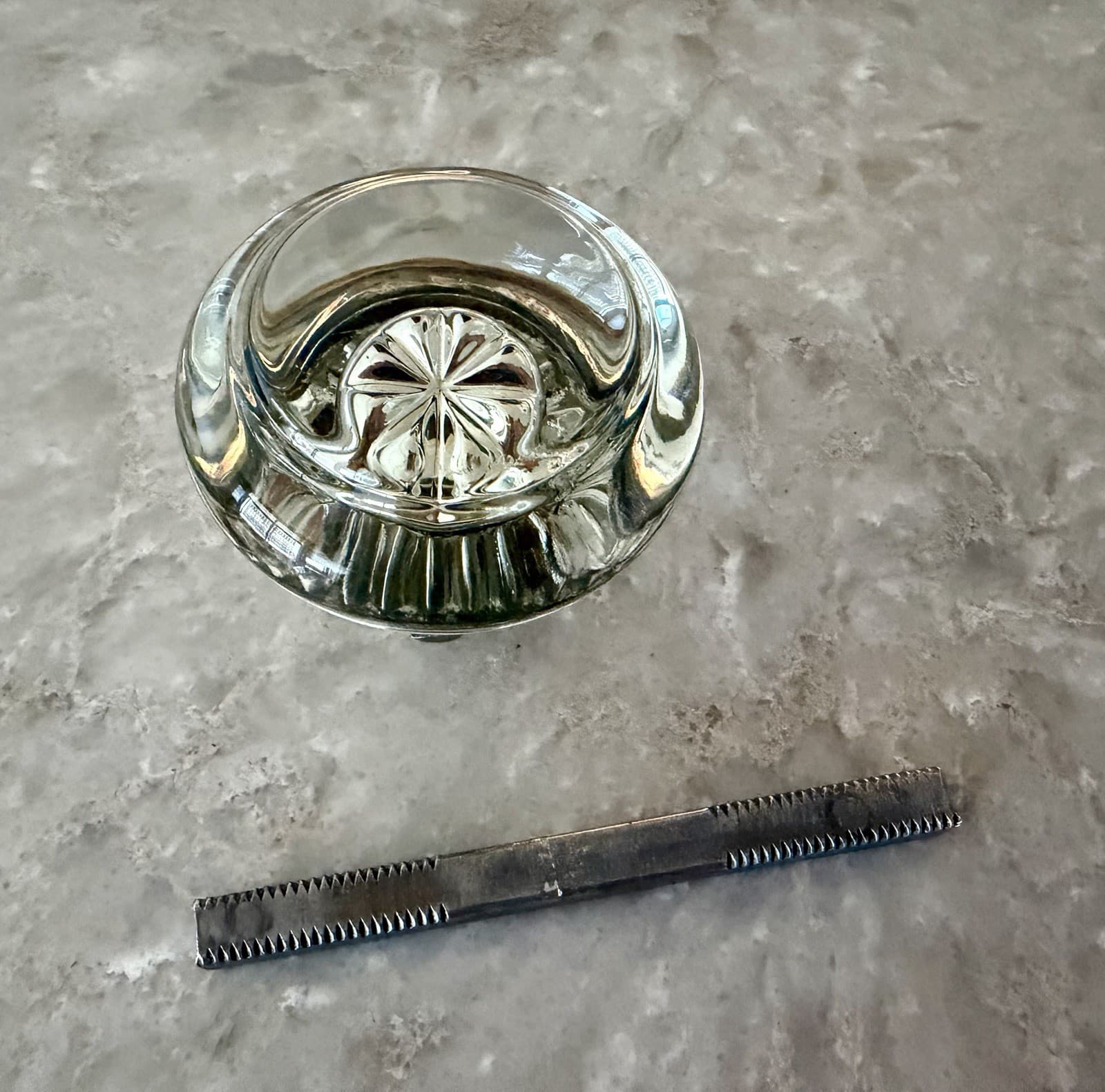 Antique Clear Glass Door Knob w Brass Collar & Threaded Spindle