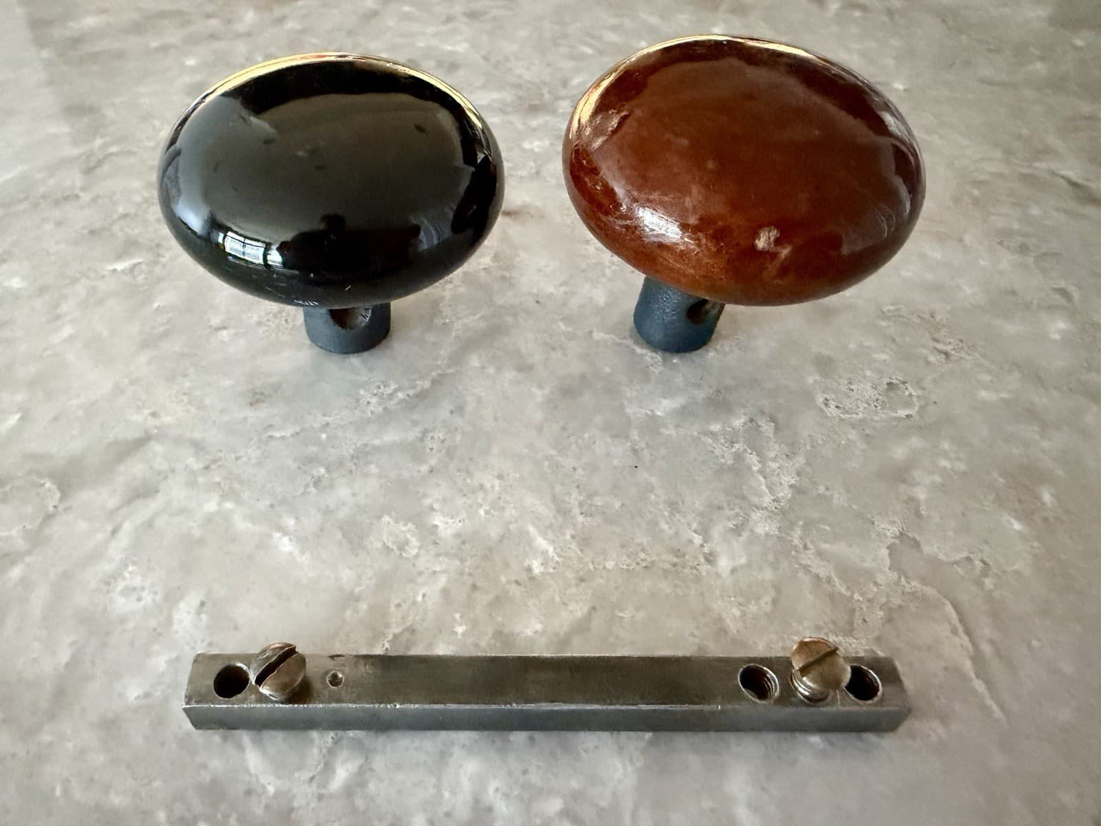 Antique Porcelain Door Knob Set Black & Brown Marbleized w Spindle