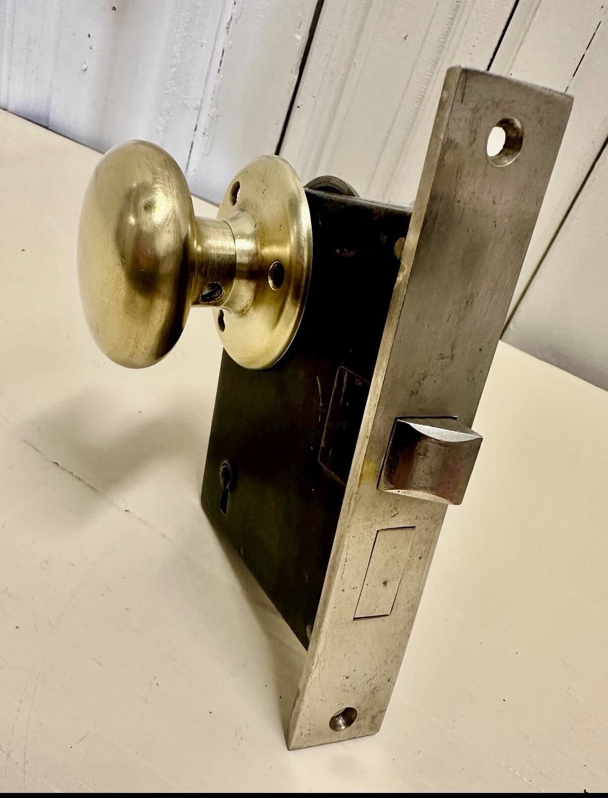 Vintage Brass Door Knob Set with Rosettes, Mortise Lock, and Key