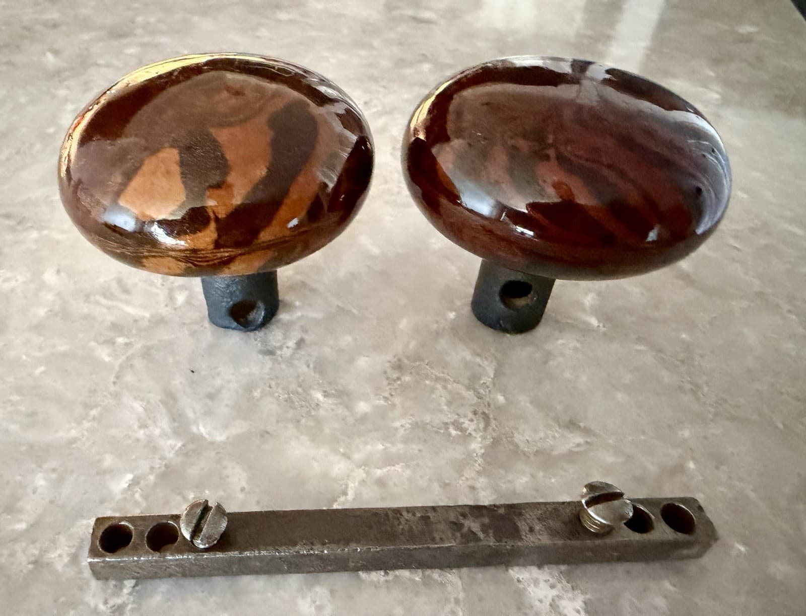 Antique Bennington Rockingham Pottery Door Knob Set Brown Marbled Glaze