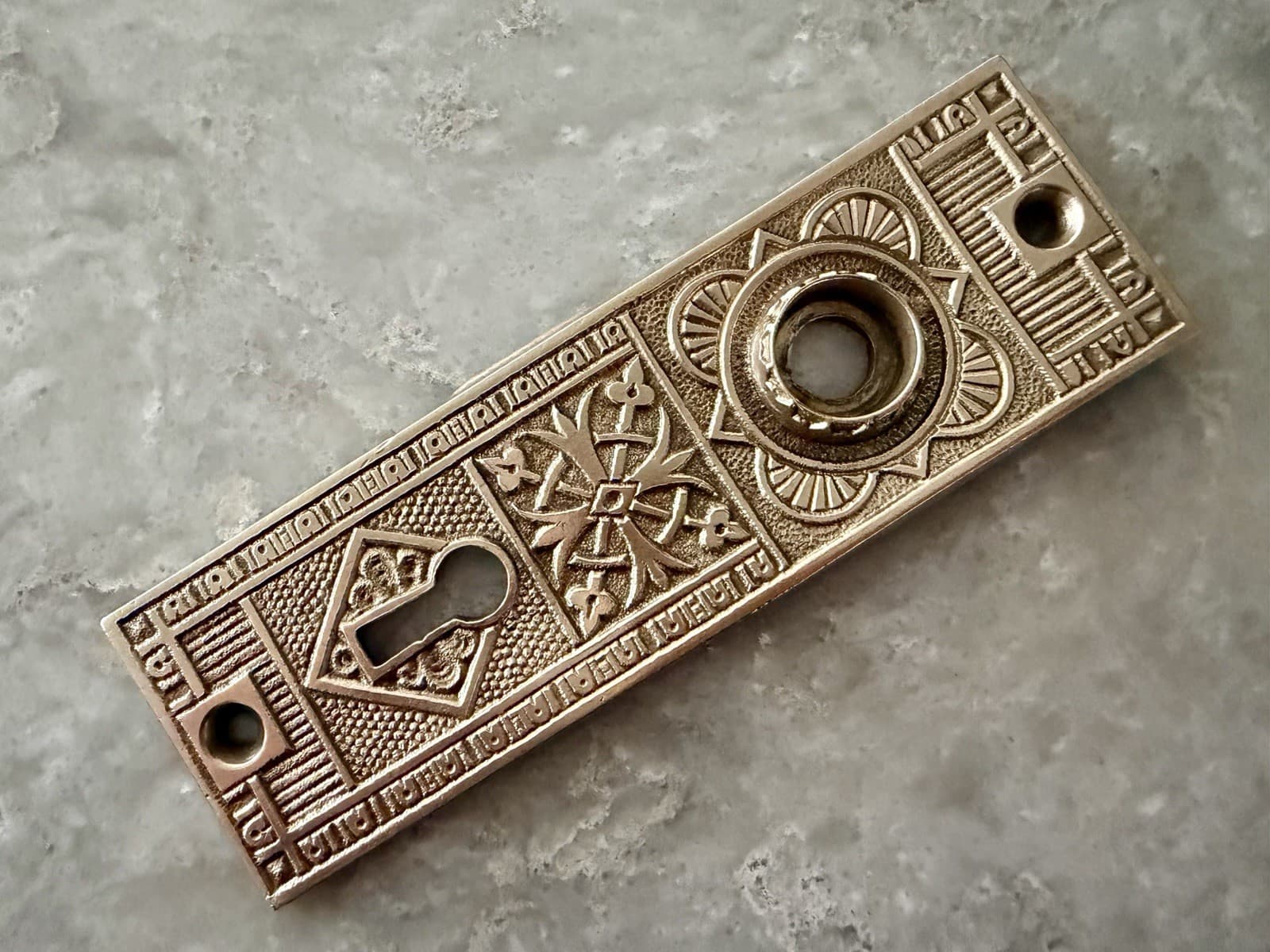 Antique Eastlake Cast Brass Door Plate Escutcheon 5.25” Victorian Keyhole