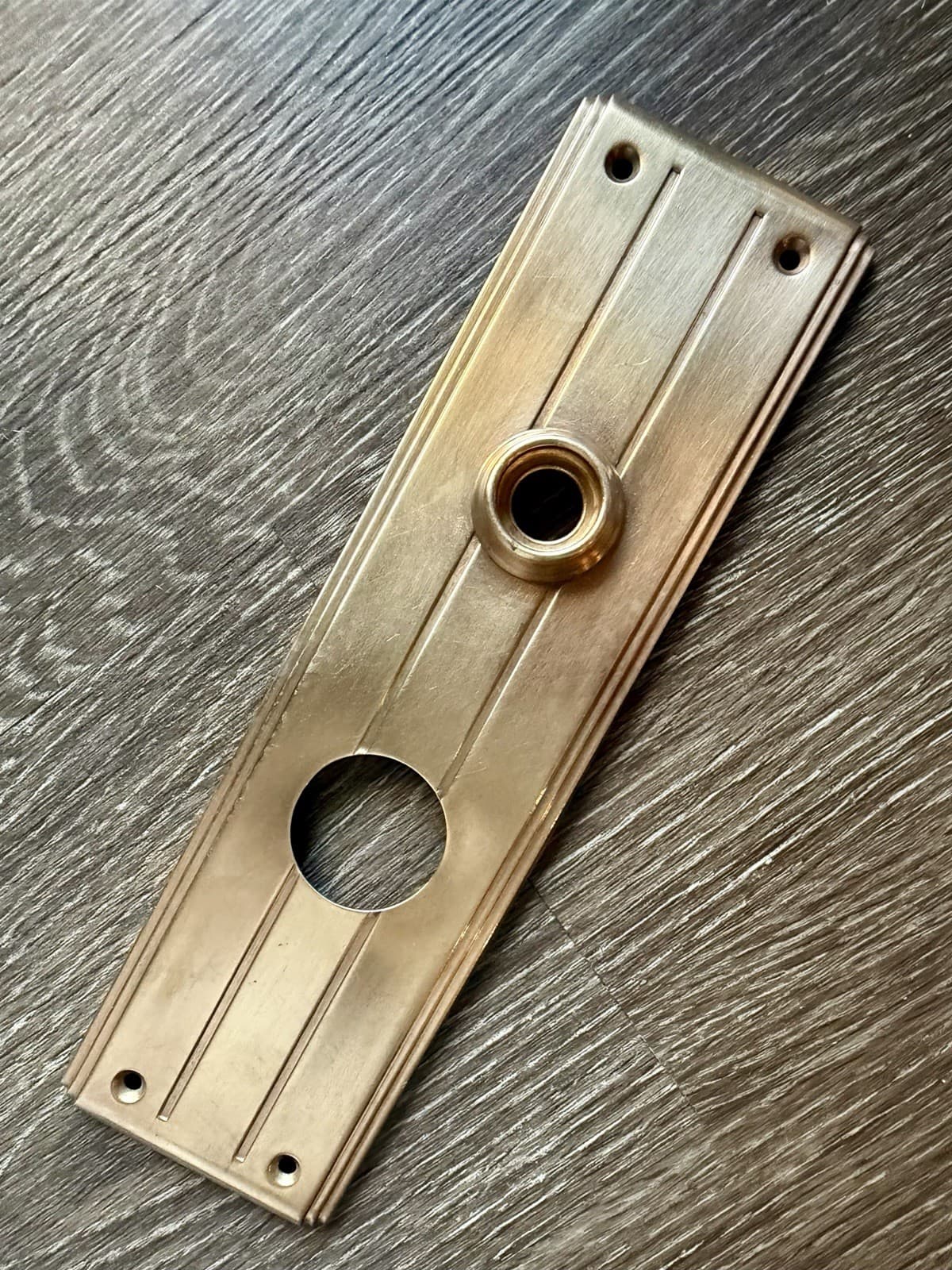 Antique Art Deco Stamped Brass Door Back Plate Escutcheon 9” x 2-1/2” 3” CT