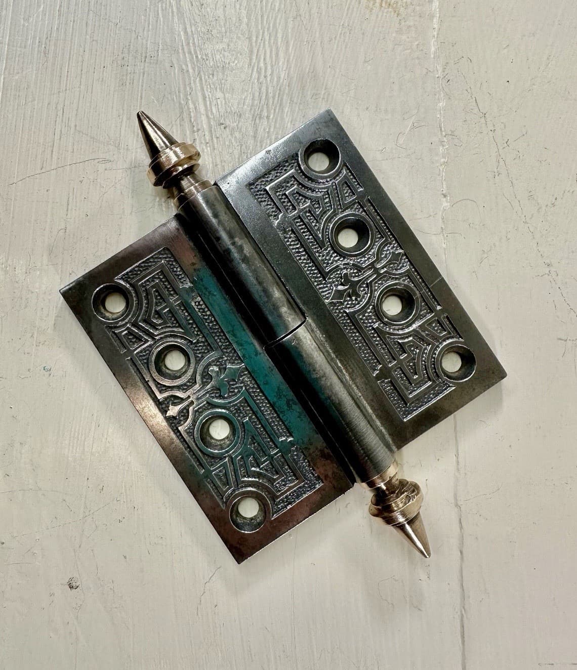 Vintage Eastlake Style Lift-Off Door Hinge w/ Brass Steeple Finials – 4” x 4.5”