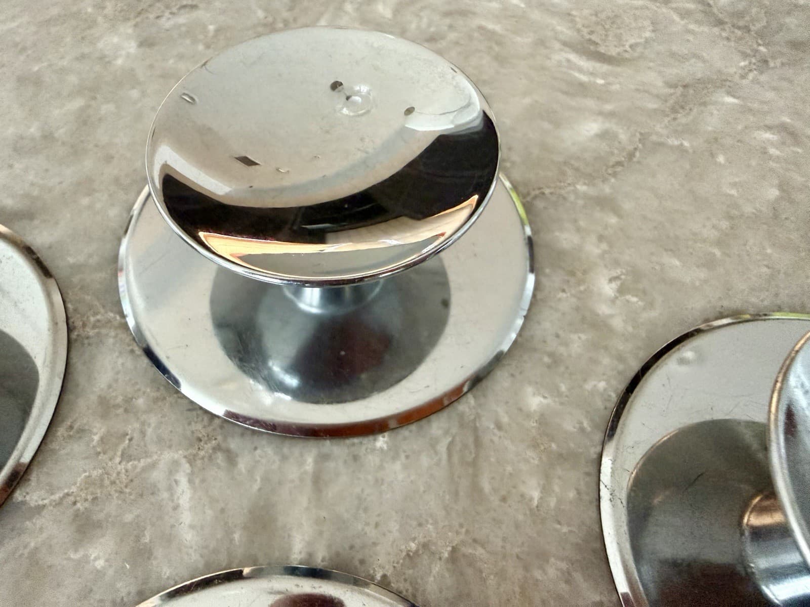 Set of 4 MCM Chrome Cabinet Drawer Pulls Knobs 2” w/ 2-3/4” Backplates