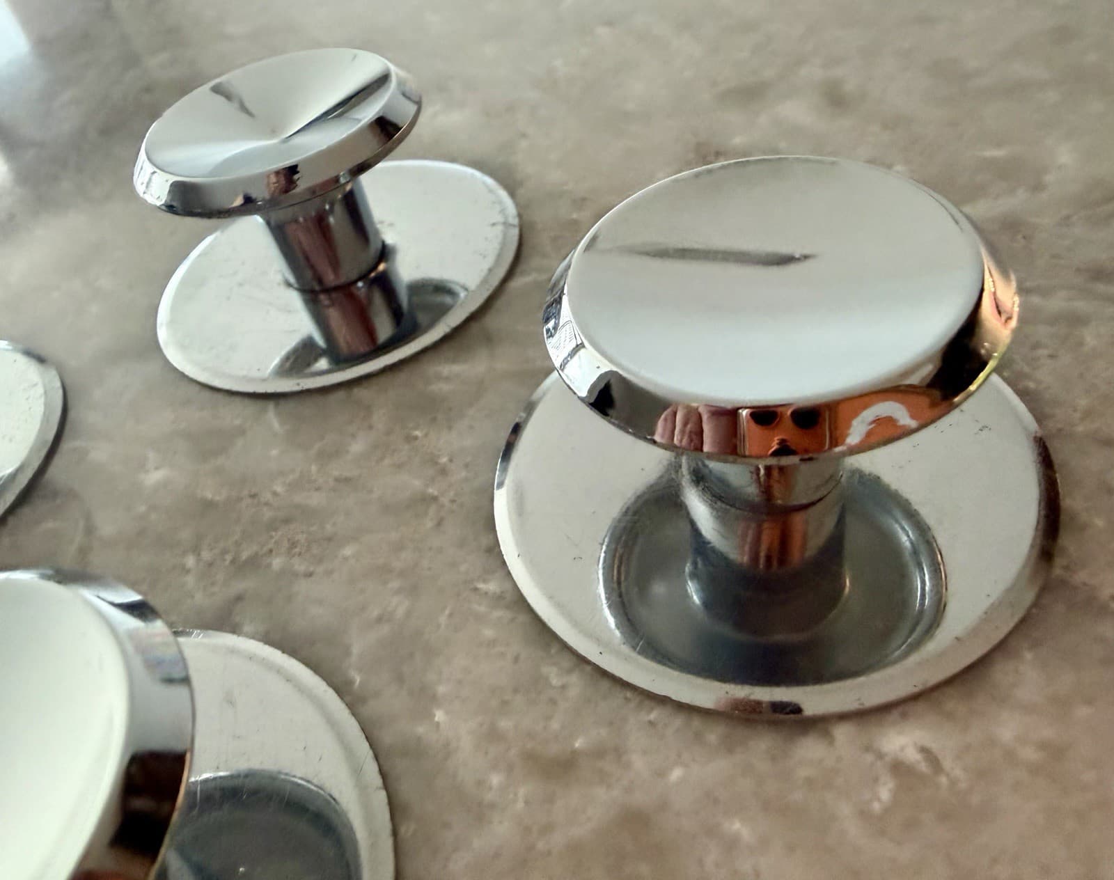 Set of 4 MCM Chrome Cabinet Drawer Pulls Knobs 1-1/2” w/ 2-1/8” Backplates