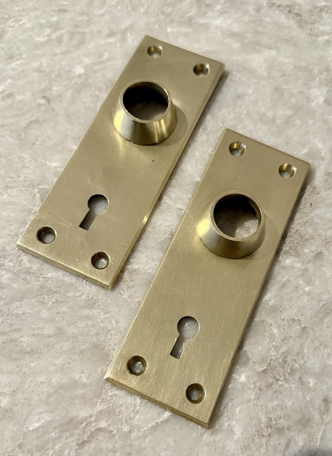Pair Solid Brass Mid Century Modern Door Backplates Keyhole Escutcheons 5-1/4”