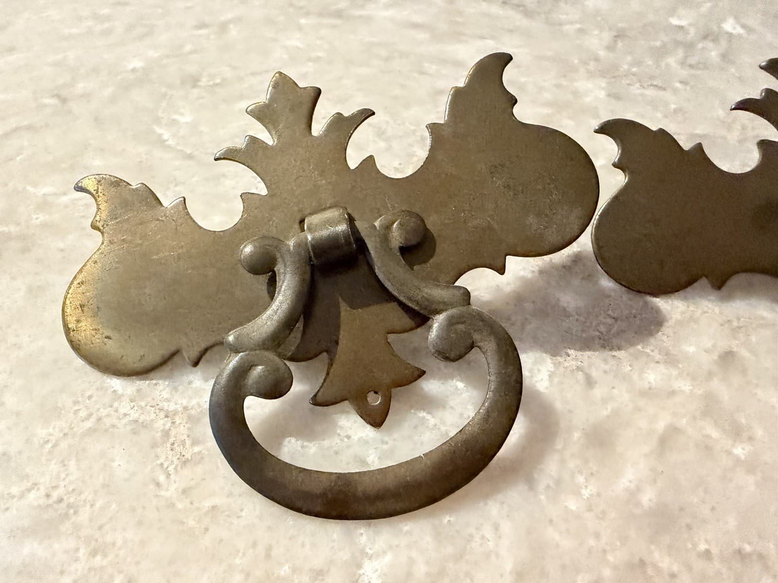 Pair Vintage Steel Chippendale Batwing Drawer Pulls Bail Handles 3-3/8”