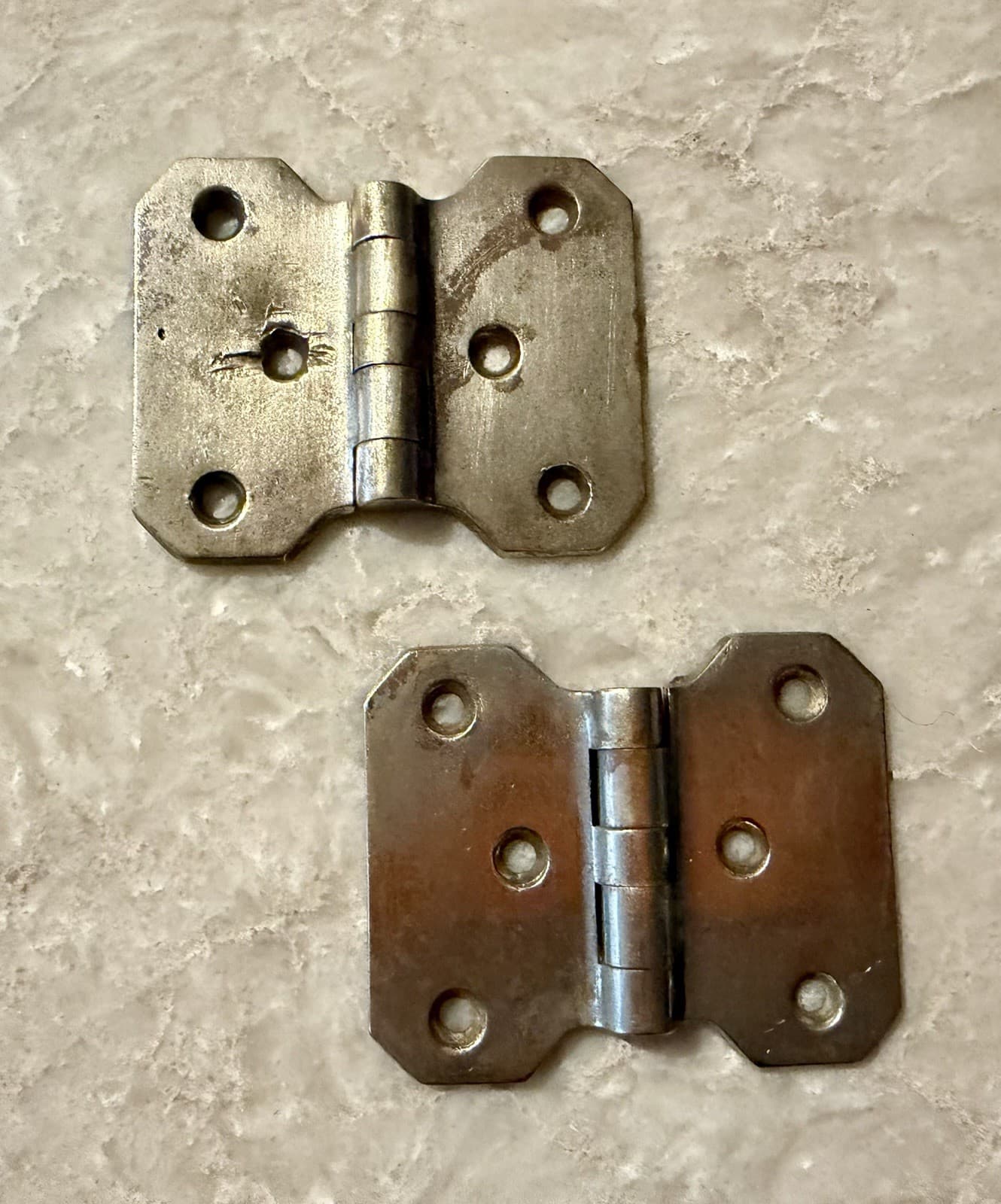 Vintage Nickel Over Brass Non Mortise Cabinet Hinges Pair 3-1/4” x 2-3/4”